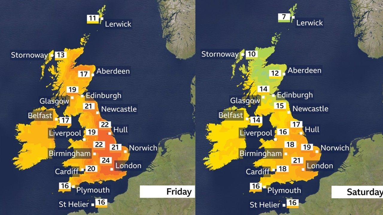 Two maps showing maximum temperatures dropping between Friday and Saturday