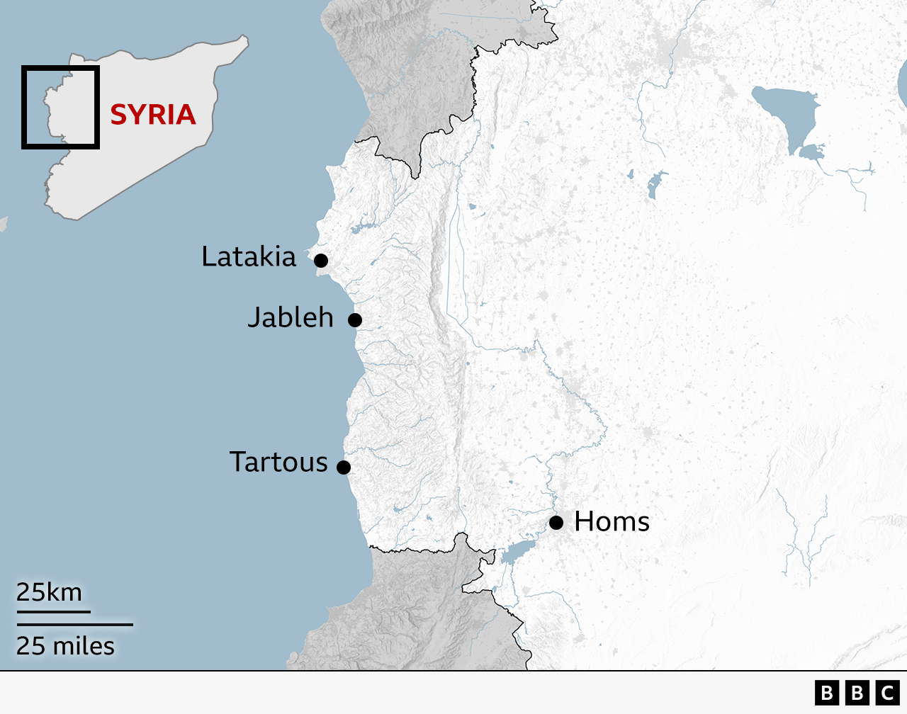 A map shows four cities in the northwest corner of Syria - named as Homs, Tartous, Jableh and Latakia - where fighting occurred on 6 March 2025