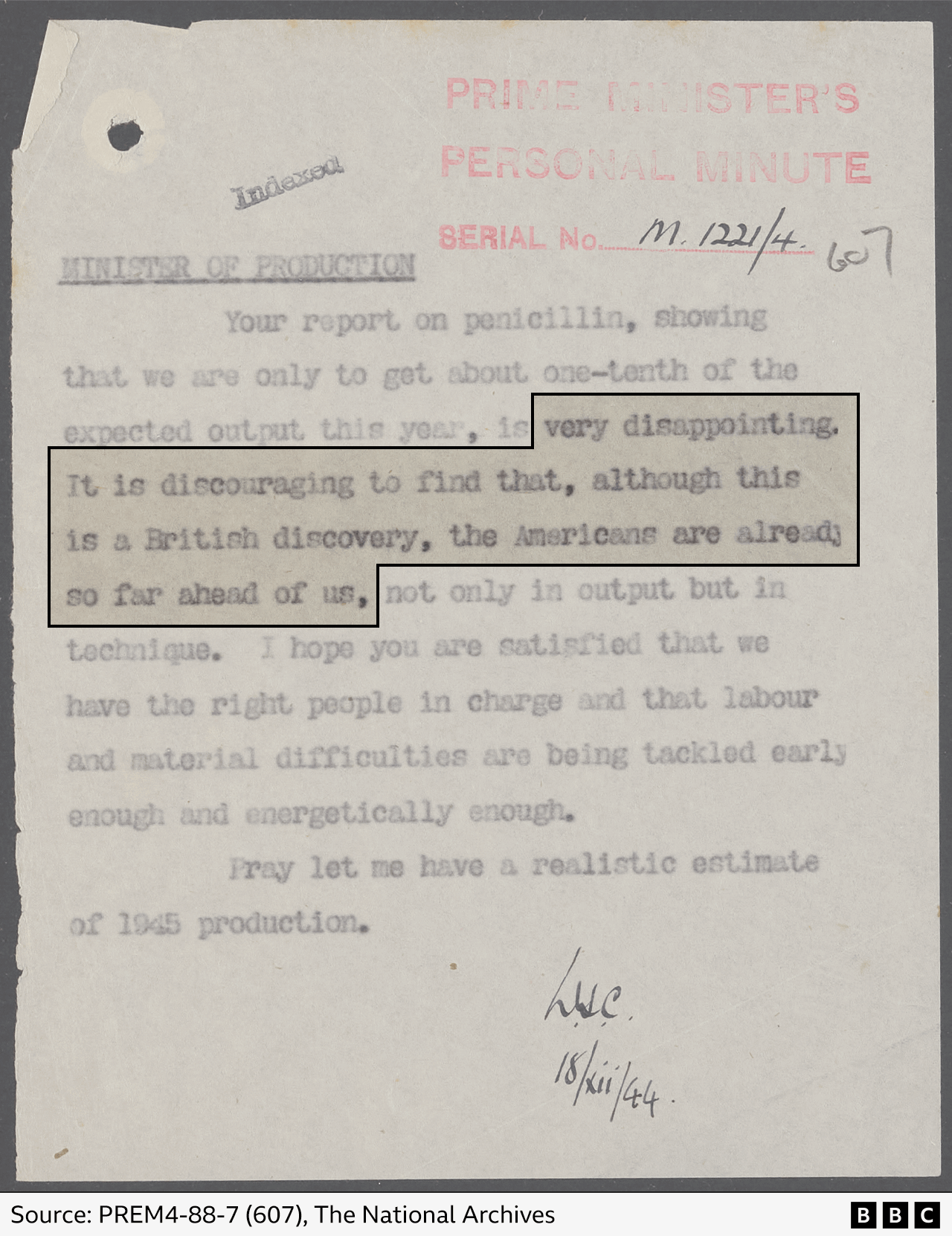 Churchill's disgruntled typed note to the minister of production about the UK's lack of penicillin compared to the US