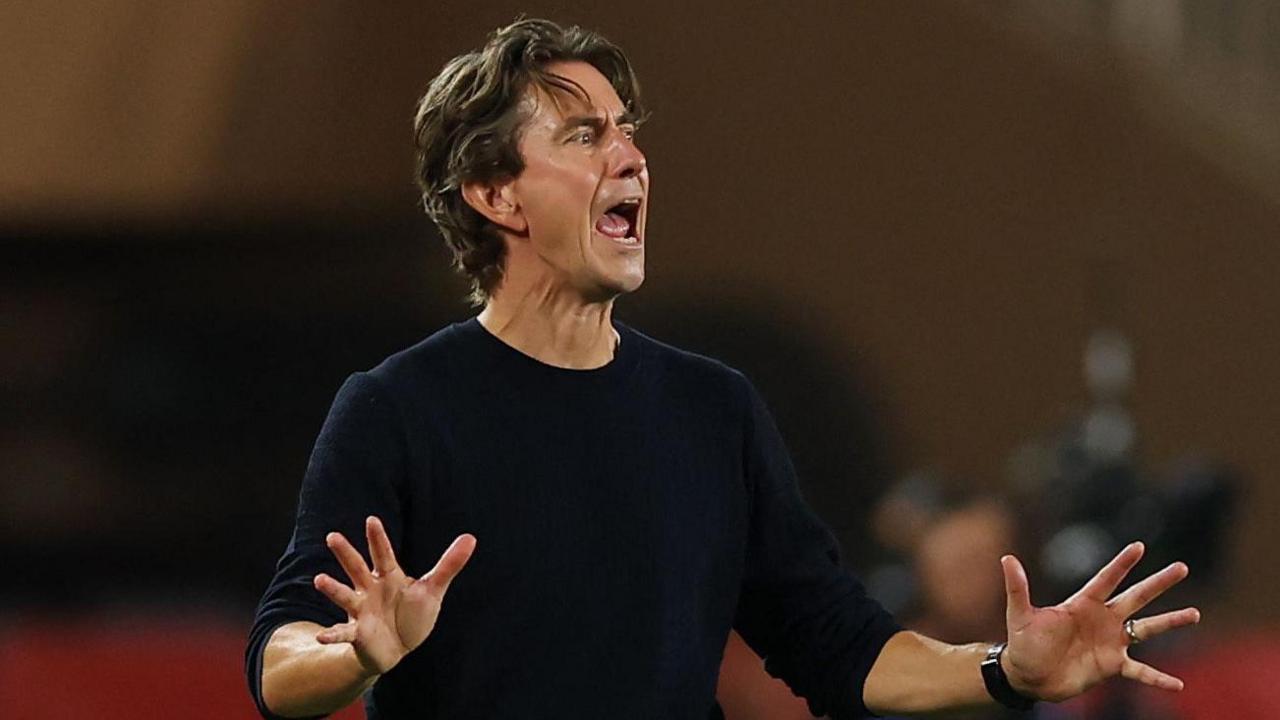 Spurs head coach Thomas Frank gestures from the sidelines during the Champions League match at Monaco