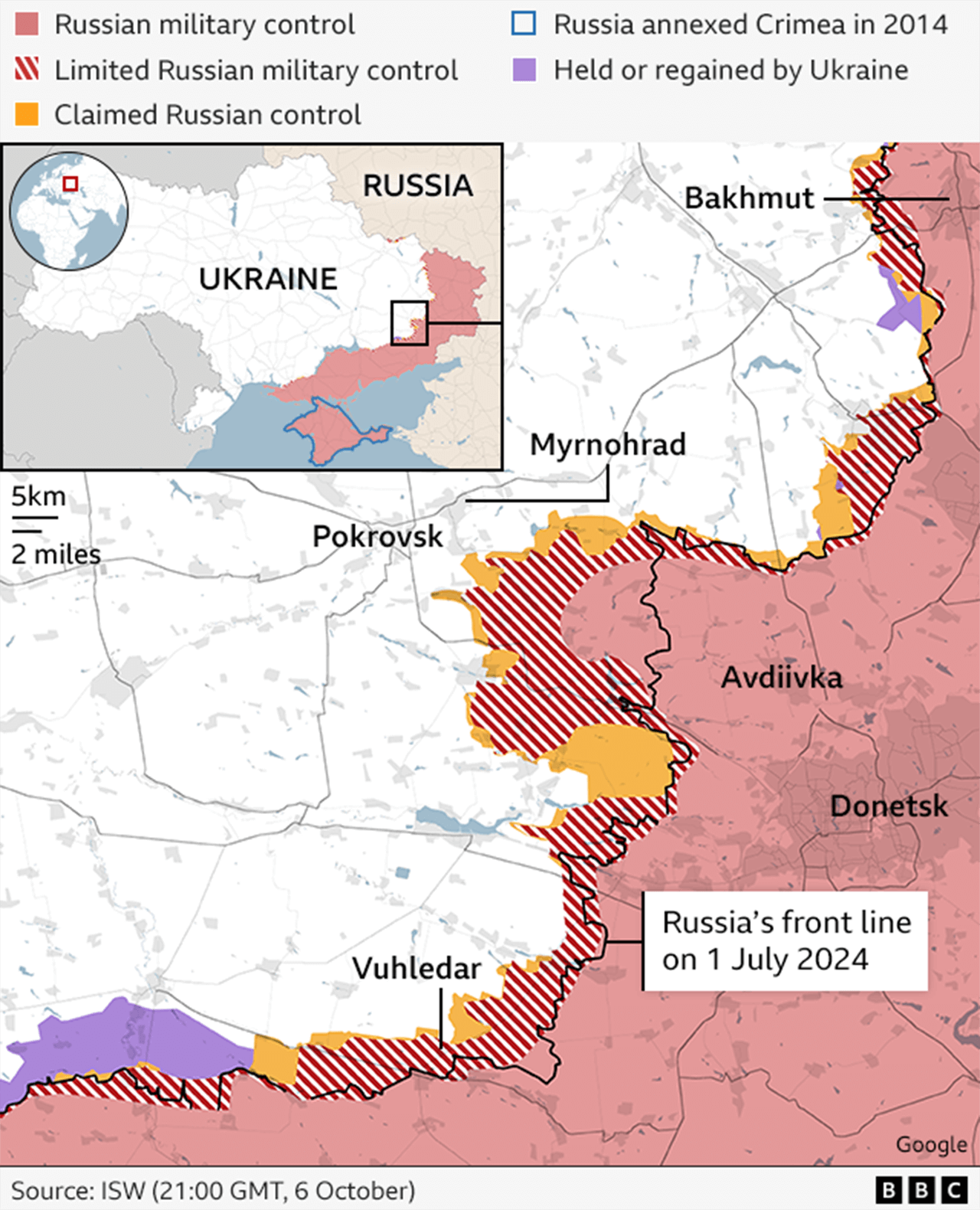 Map showing the areas of Russian military control in eastern Ukraine. A shaded area shows how Russians control an area around Donetsk and Avdiivka. A line showing the front line in 1 July 2024 indicates how far it has advanced towards Pokrovsk since then.