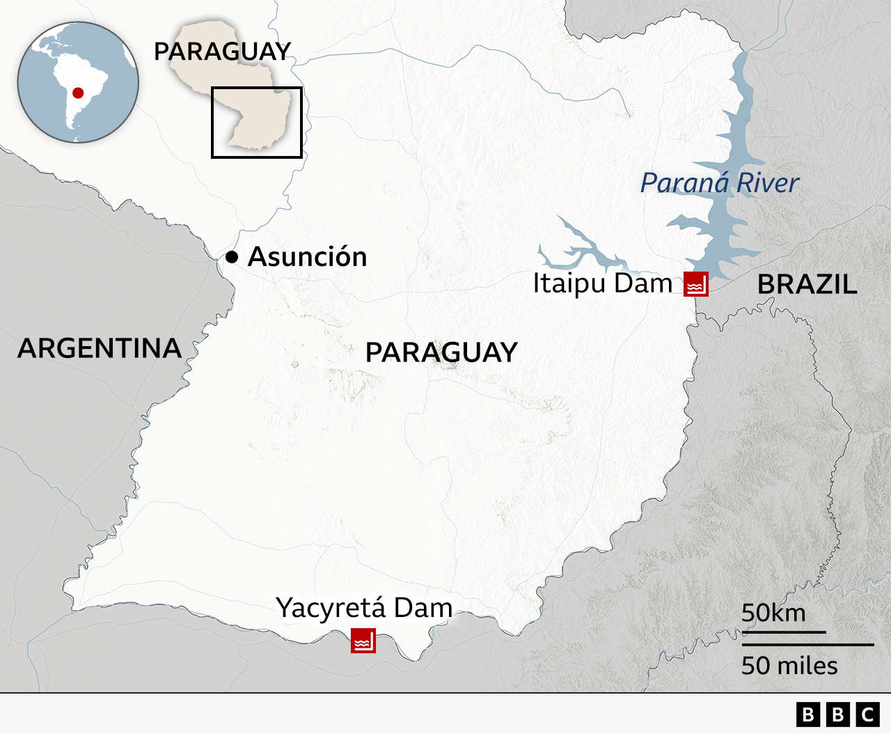 A map showing the location of Paraguay's two main hydroelectric dams
