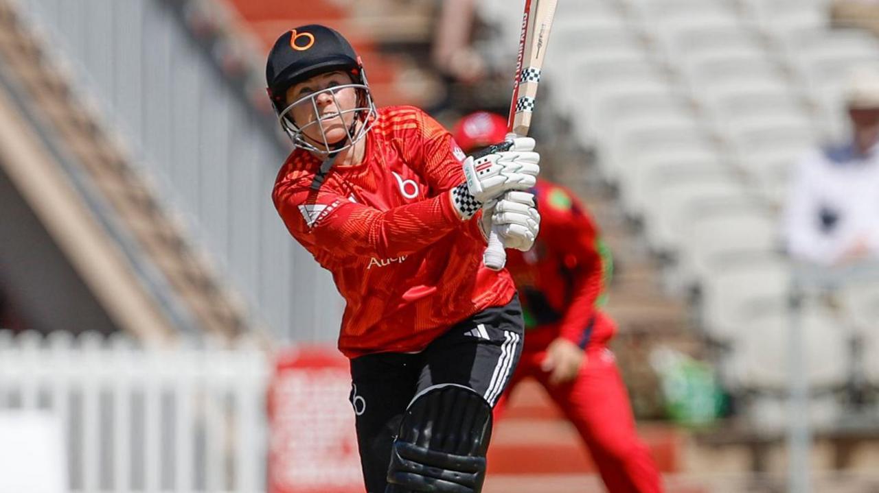 The Blaze batter Tammy Beaumont looks on after a shot againt Lancashire Thunder at Emirates Old Trafford