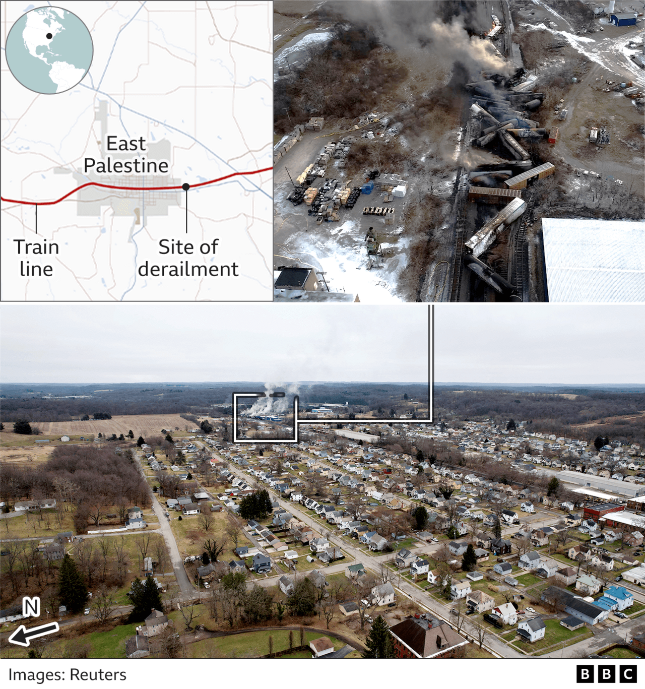 Map of East Palestine and the train derailment site