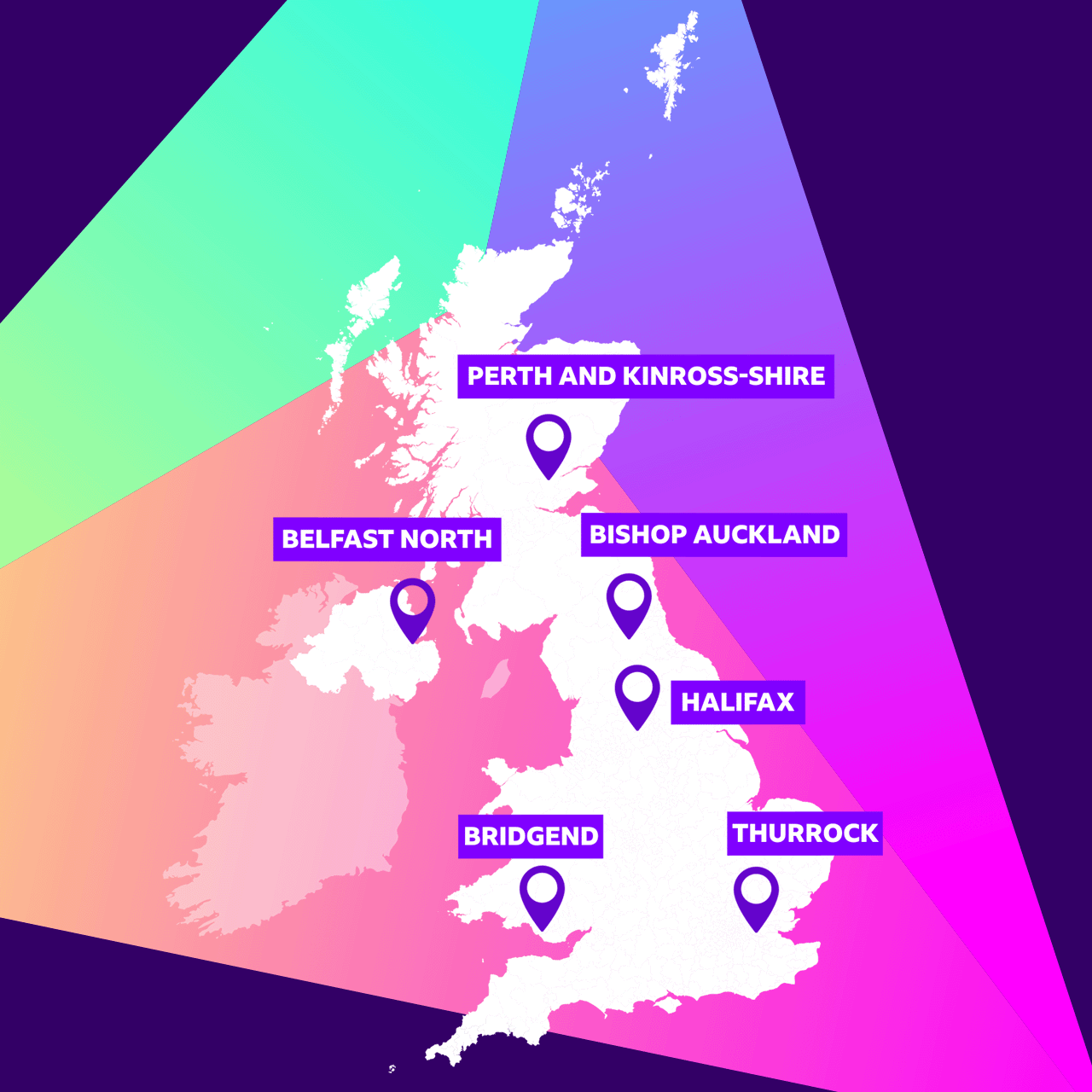 A map of the UK on a background of the BBC's election logo, with the constituencies where our under-35 Undercover Voter profiles are located: Perth and Kinross-shire, Belfast North, Bishop Auckland, Halifax, Bridgend and Thurrock