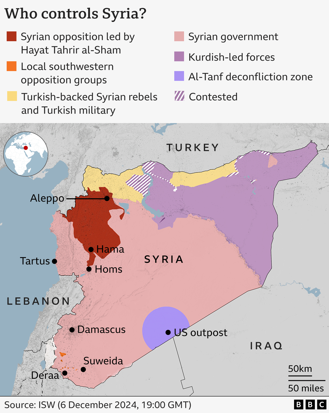 A map showing who controls various areas of Syria. The Syrian government controls the largest area, covering Damascus and the south as well as the coast and the centre of the country. The Syrian opposition forces, led by Hayat Tahrir al-Sham, now control a growing area from Idlib and Aleppo in the north down to near Homs. The northeast of the country is controlled by Kurdish-led forces and there are also areas along the northern border with Turkey that are controlled by Turkish-backed Syrian rebels and the Turkish military. 