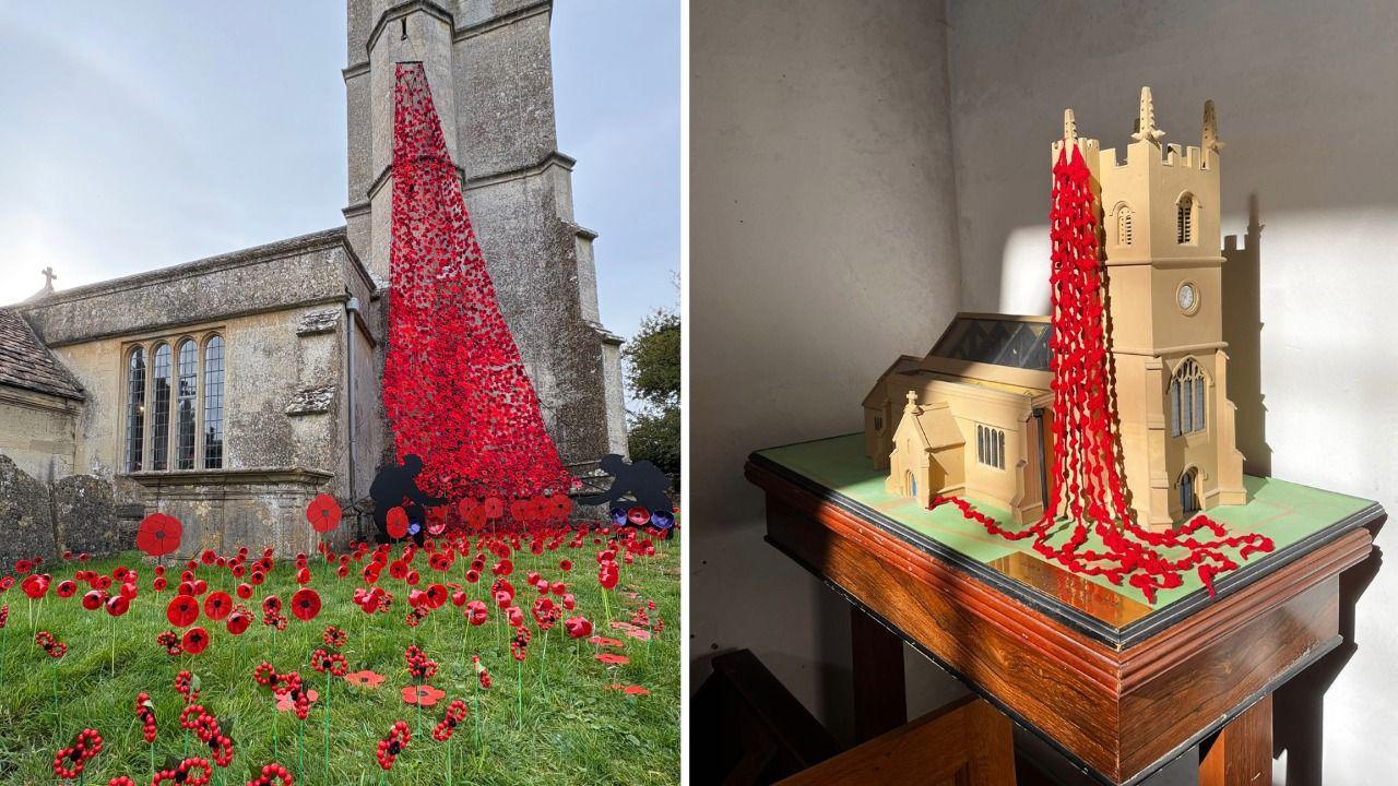Two images side by side. One shows a small scale model of the church with a the cascading poppy installation in the side closest to the entrance. The model is on a dark wooden table. The other image is of the completed, real life poppy installation on the side of the church.