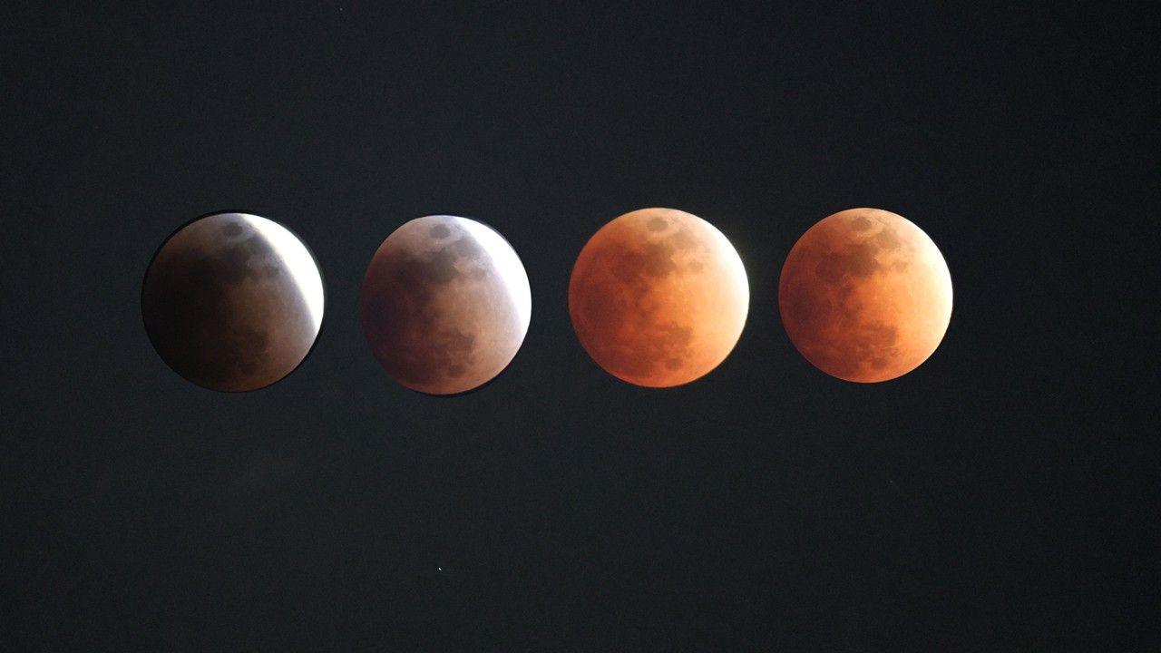 Four images side-by-side of the full Moon over south Korea, as the lunar eclipse shadow graduated from partial to full. These images show the Moon appearing to change colour during the eclipse from a brown shadow to a red one. When this March Wolf Moon coincides with a total eclipse it is also known as the Blood Moon, due to this red appearance
