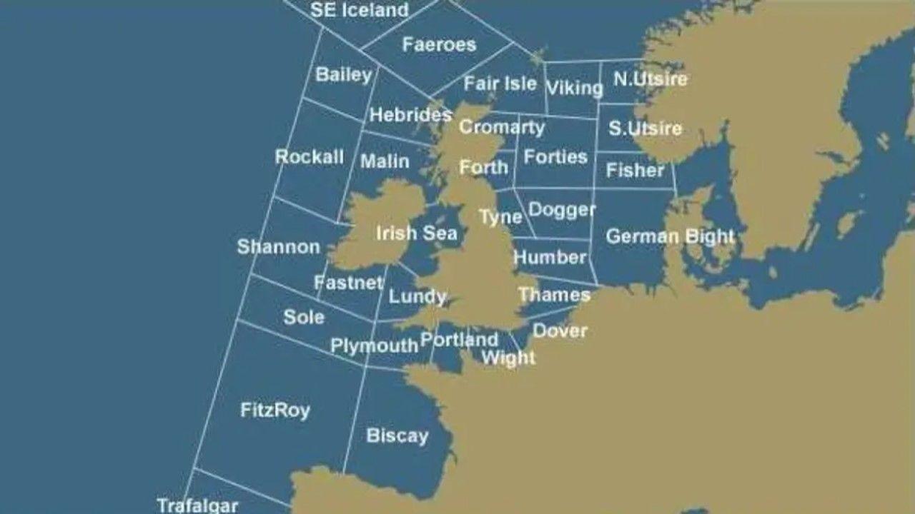 A map of the UK, Ireland and western Europe showing the shipping forecast areas around the coasts