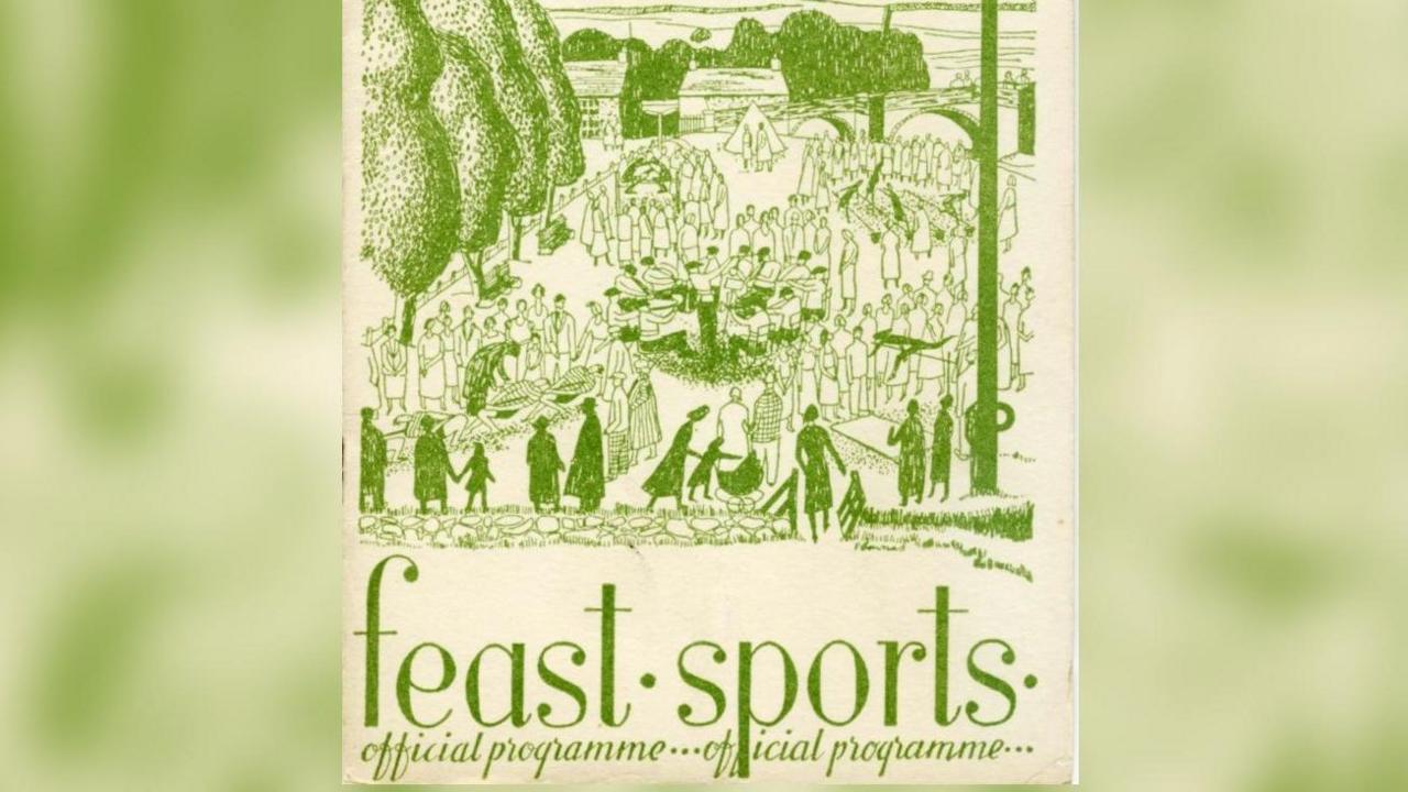 A programme for the Burnsall Feast Sports. A hand drawn green and white picture of a village with festive events.