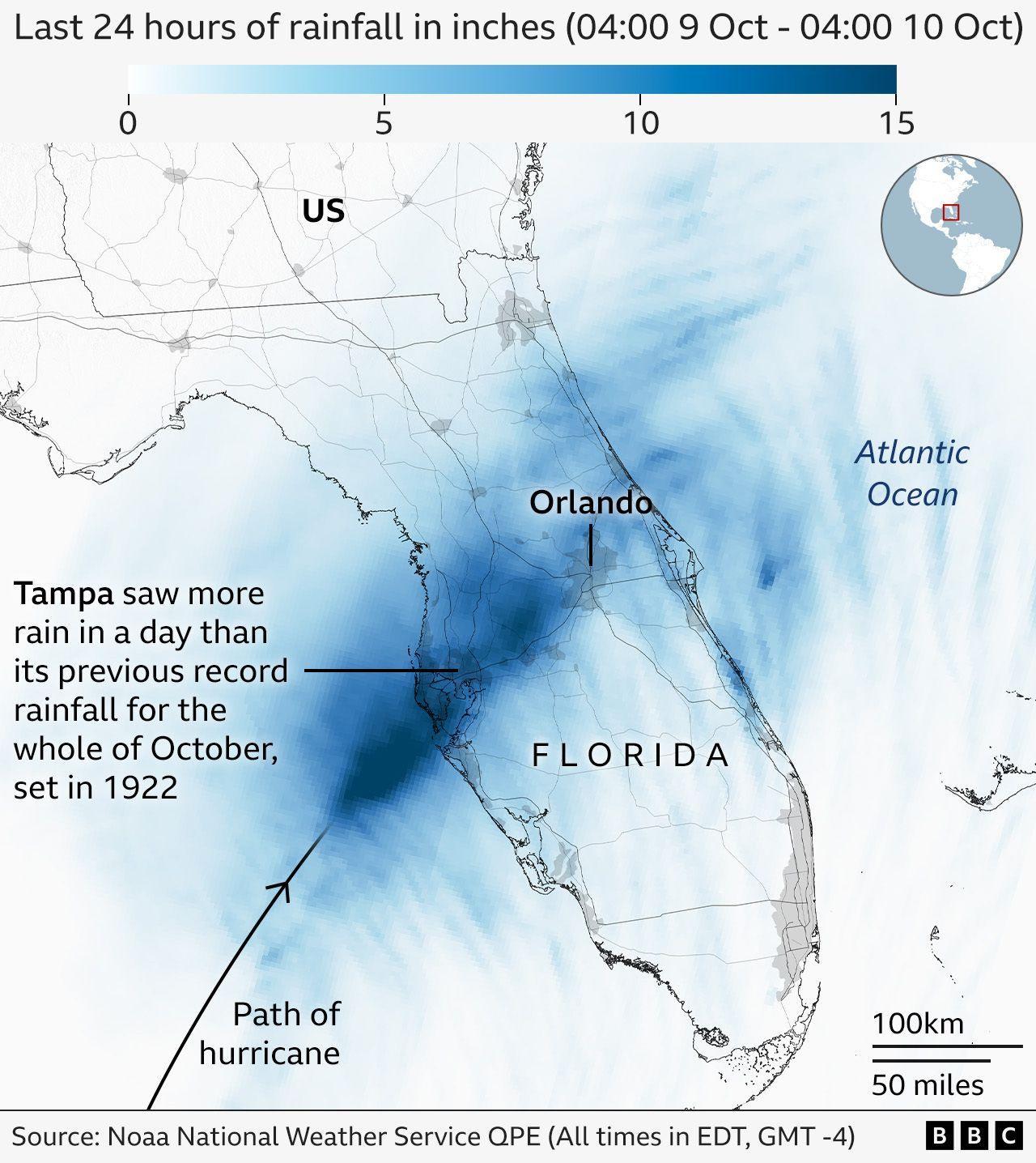 Map showing rainfall over the last 24 hours in Florida as a result of Hurricane Milton. A scale that increases in intensity between 0 and 15 inches of rain is reflected in the map which shows intense rain over Tampa, on the west coast. The map, which shows Florida as a peninsula angled down to the south east from the rest of the US, shows Orlando is also in the higher rain belt. The rainfall is less intense the further away from the path of the storm. 