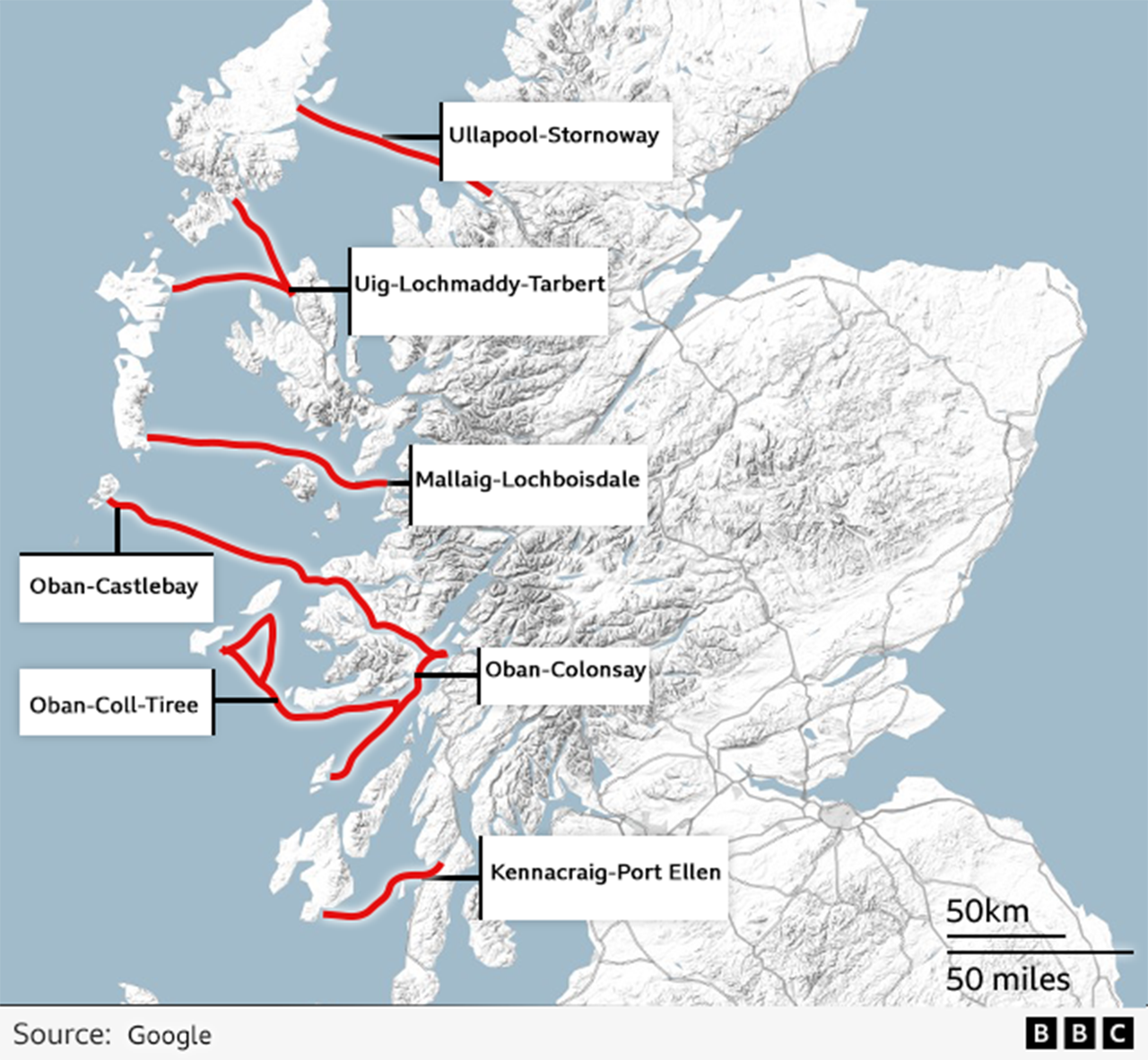 Map of Scotland showing CalMac routes.