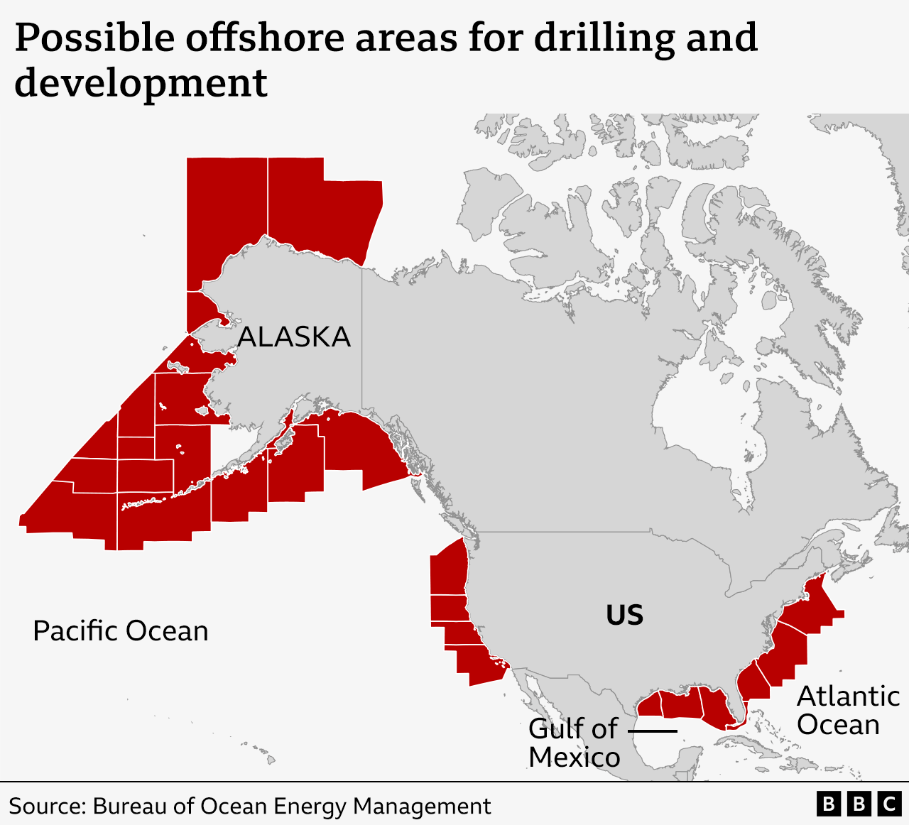 Map showing the areas around the US coastline where leases can be issued for mining and fossil fuel development