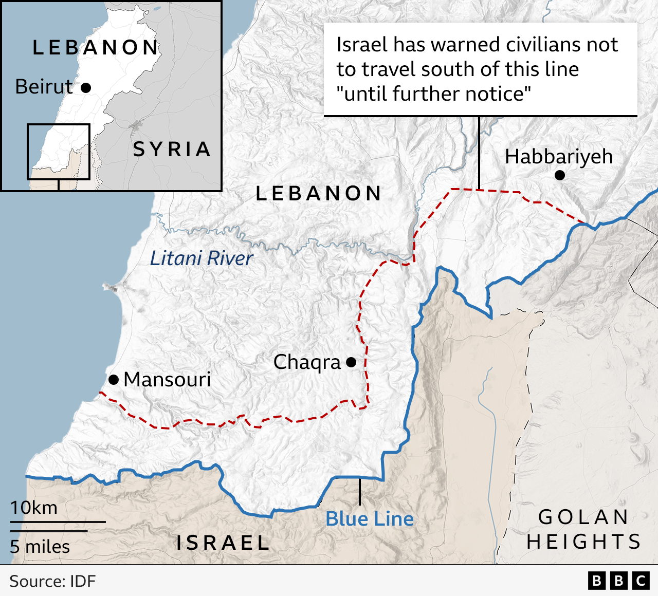 IDF map showing area of south Lebanon where civilians are warned not to go