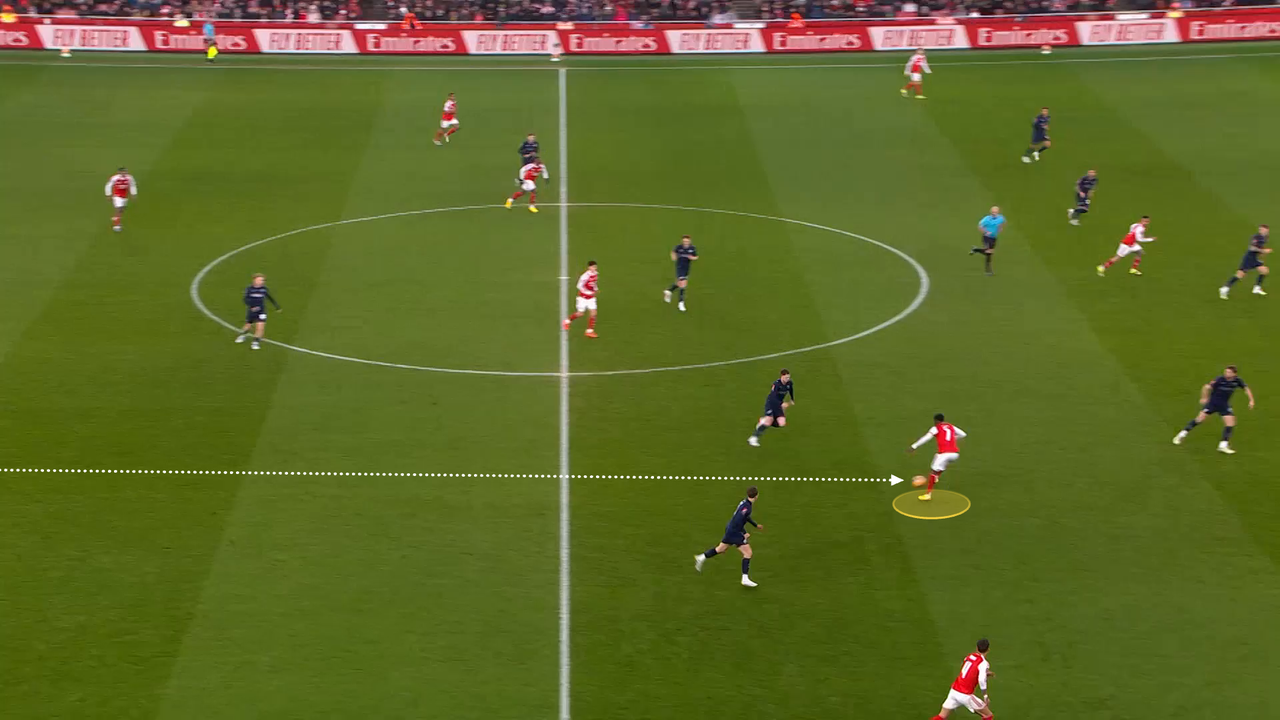 Fotografía con gráfico que muestra la capacidad de Saka para controlar un pase rápido mientras gira hacia la portería.