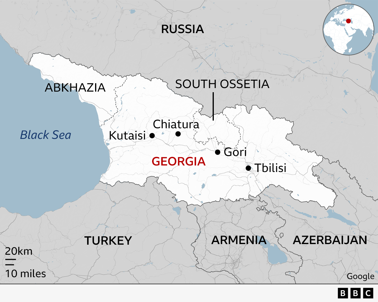 Map shows Georgia with key cities such as Tbilisi, Gori, Chiatura and Kutaisi marked, with the whole country surrounded by its neighbours Russia, Turkey, Armenia and Azerbaijan