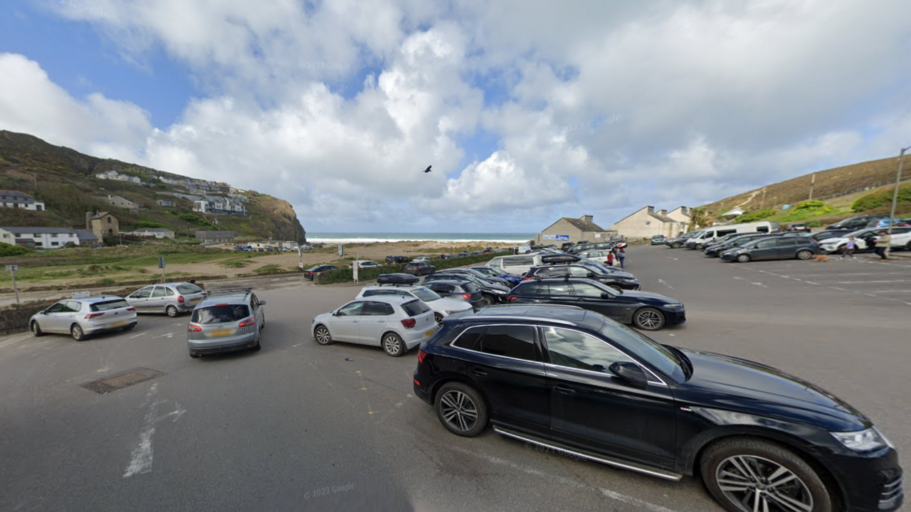 Porthtowan Beach Car Park. Screenshot shows several car parked in the car park, which overlooks Lushington Beach.