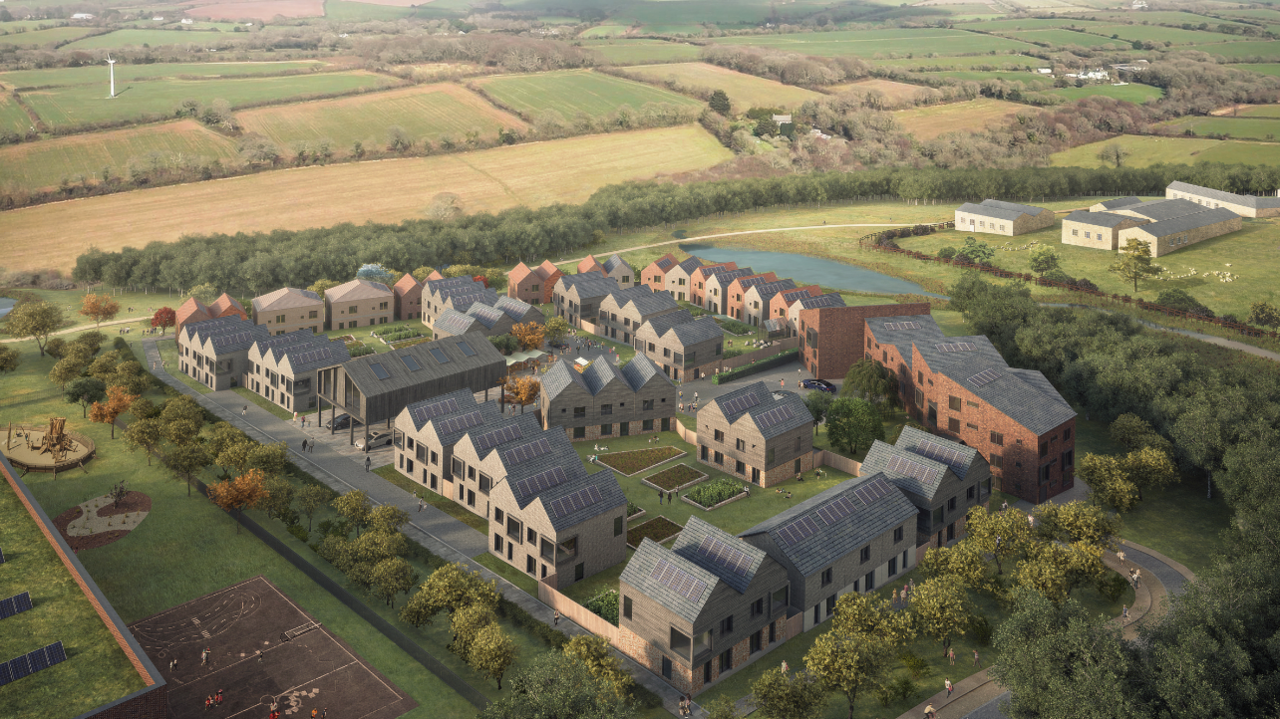 A CGI image of a group of what appear to be two-storey houses of a conventional style with pitched roofs in a roughly square arrangement, with bushes and allotments surrounding them along with green fields and hedges.