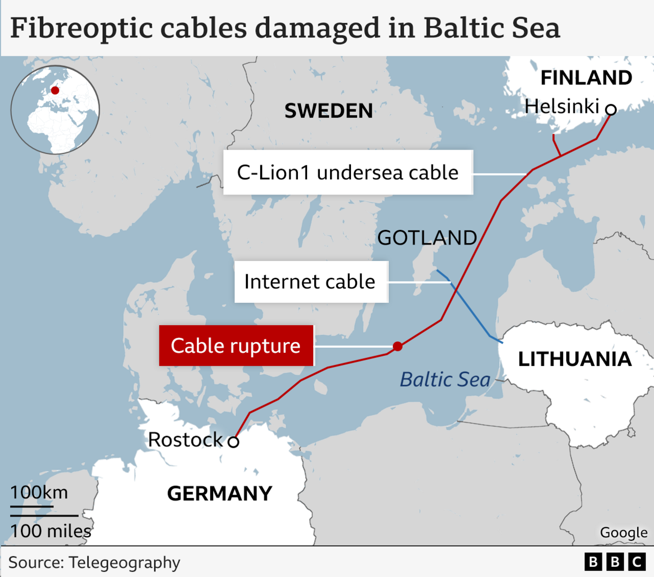 A map shows the two Baltic telecoms cables that have been damaged within 24 hours of each other