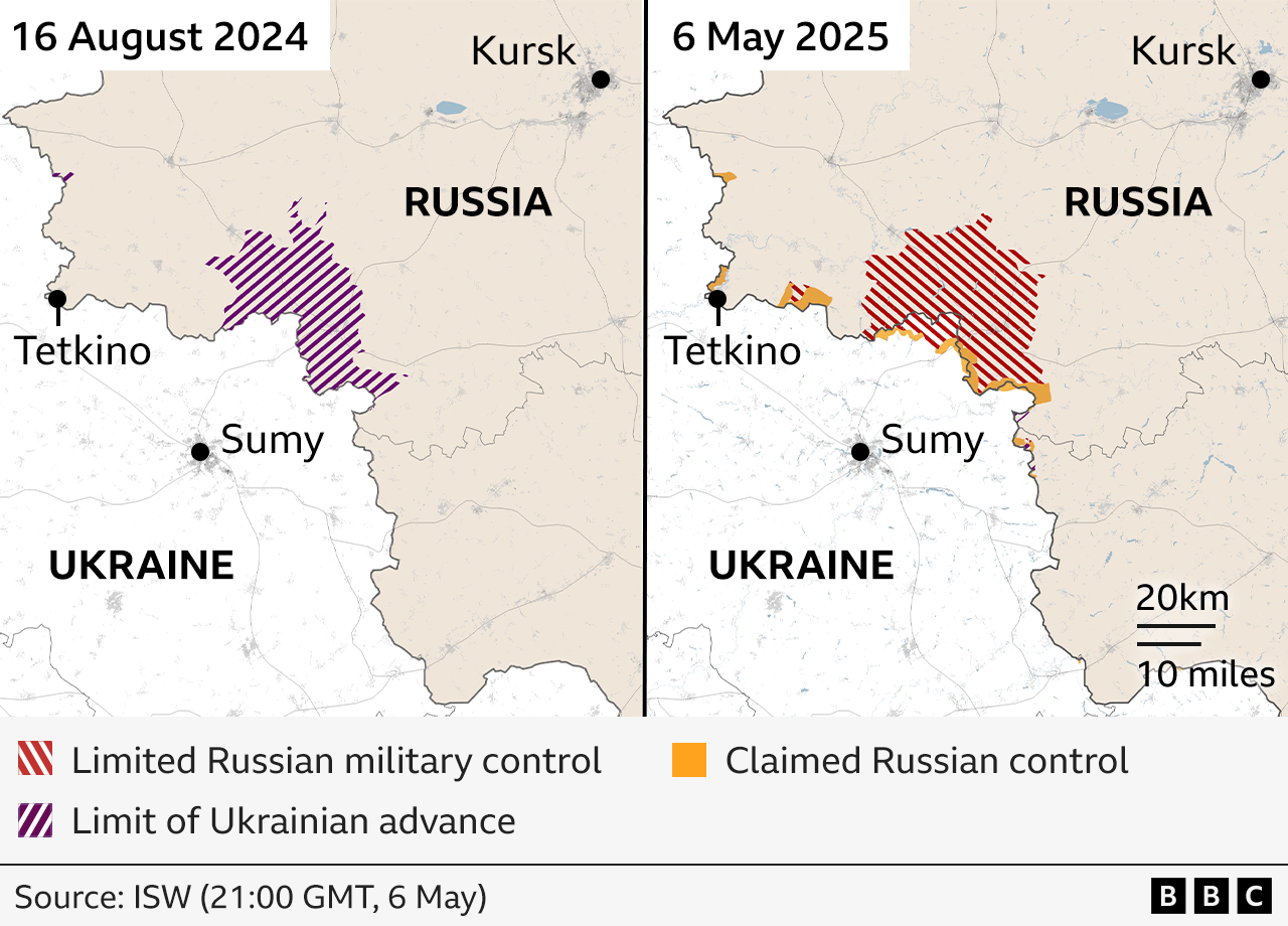 Two maps showing part of the region of Kursk which was mostly under Ukrainian control in August 2024 and in May 2025, mostly controlled by Russia again