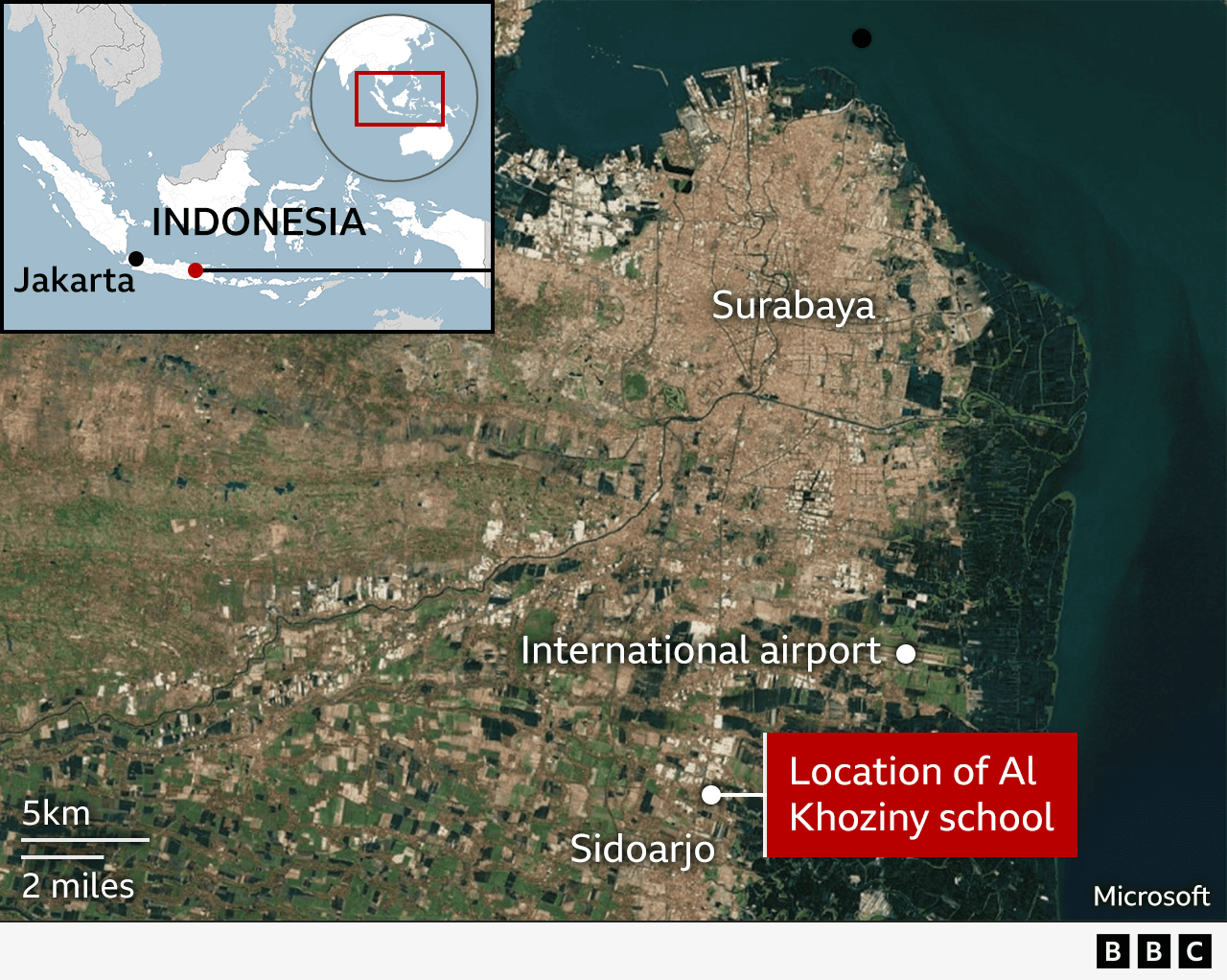 Map showing the location of the Al Khoziny Islamic Boarding School in the East Java town of Sidoarjo in Indonesia. The school is about 20km (12 miles) south of central Surabaya and close to the Juanda International Airport.