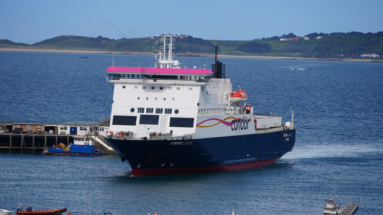 A view of St Peter Port harbour in Guernsey with the blue and white ferry "Condor Islander" arriving