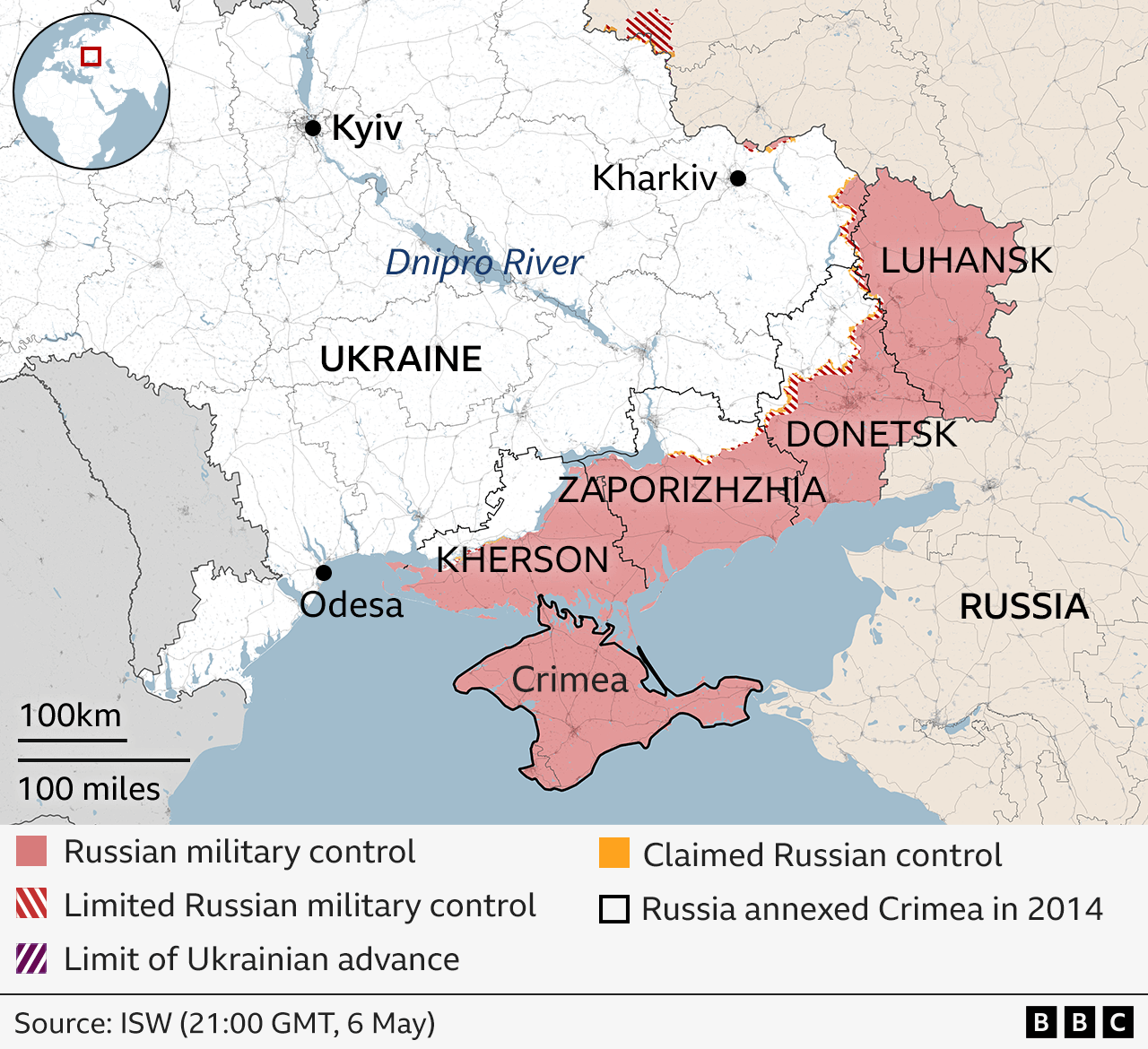 Map showing areas of control in eastern Ukraine and the areas of Kherson, Zaporizhzhia, Donetsk and Luhansk that are not under Russian control