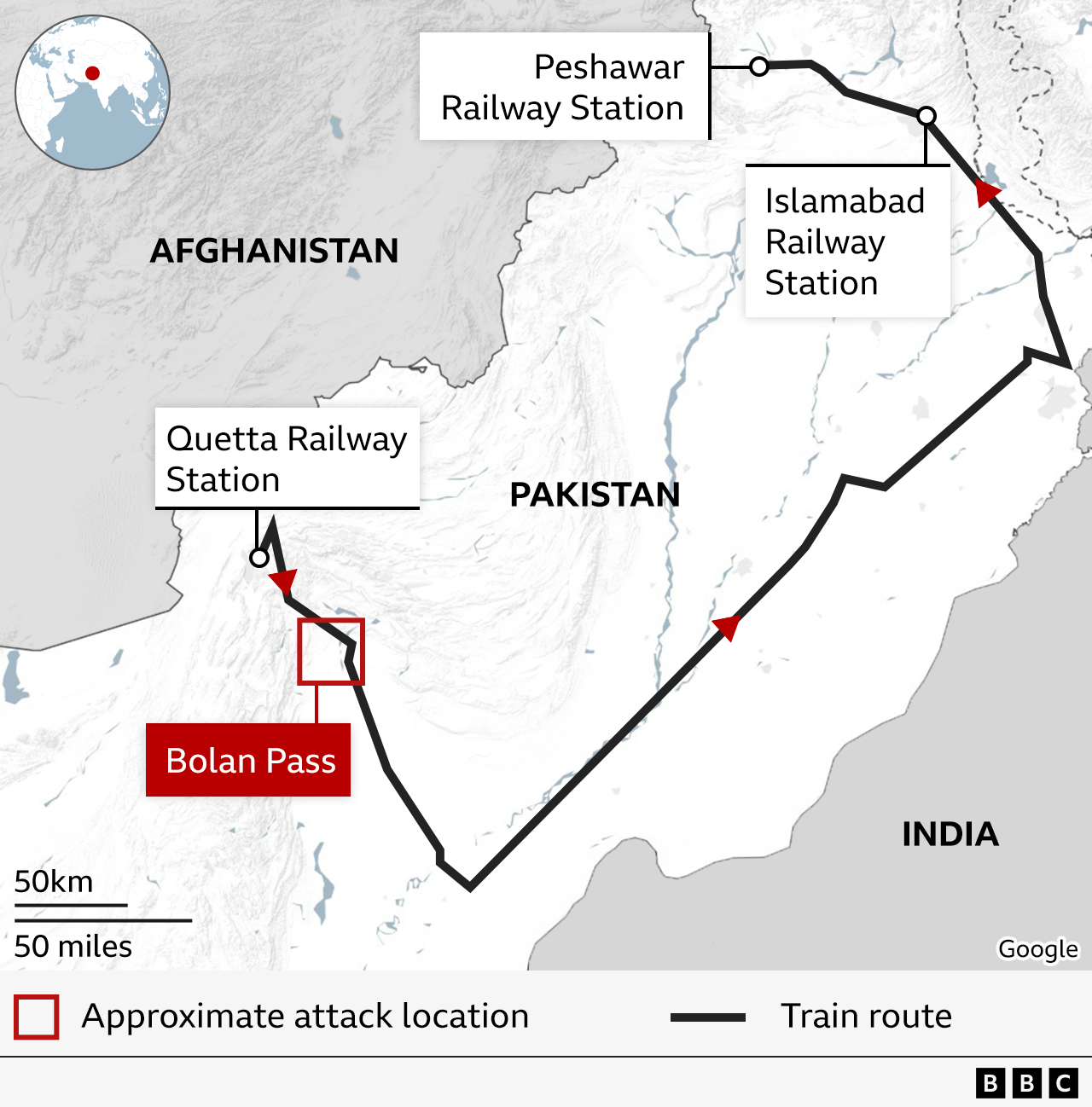 Map shows location of attack in Pakistan on map with neighbouring Afghanistan and India