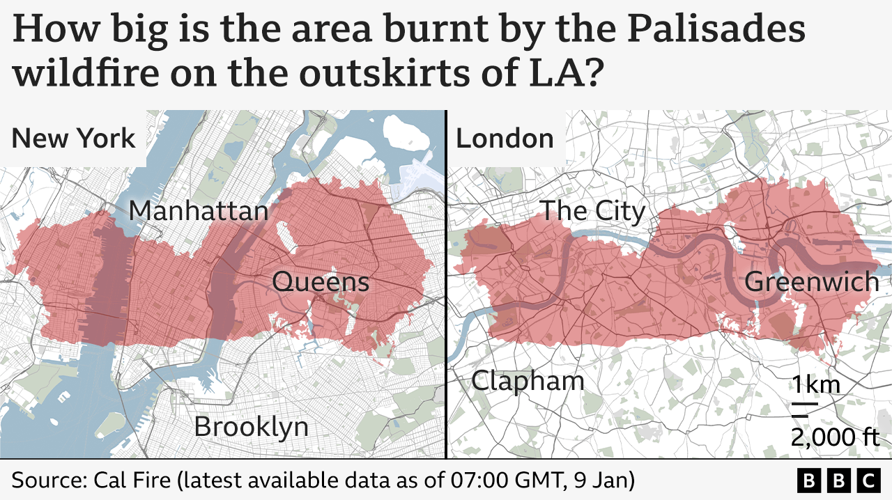 A map titled: "How big is the area burnt by the Palisades wildfires on the outskirts of LA?" This shows an outline of the shape and size of the fire superimposed on maps of New York City and London - showing that the fire would cover a significant area of both city centres