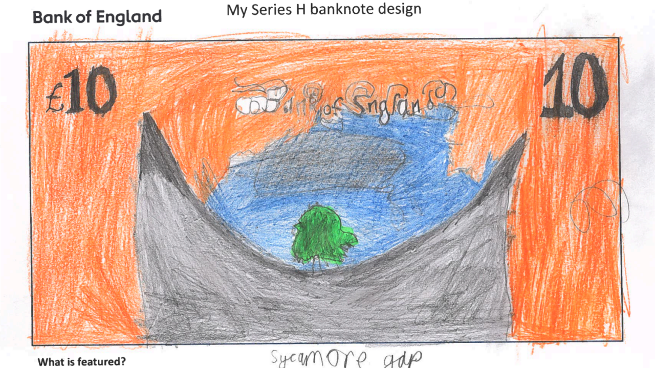 Students drawing of the Sycamore gap featuring the Robin Hood tree on a £10 that's coloured orange
