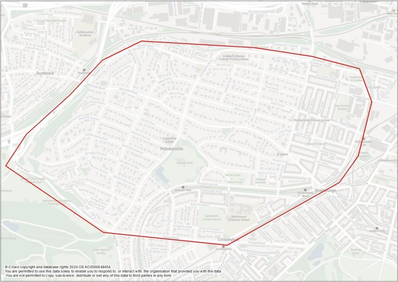 Map showing Pollokshields with a red circle around the area, showing the boundary of the FCZ
