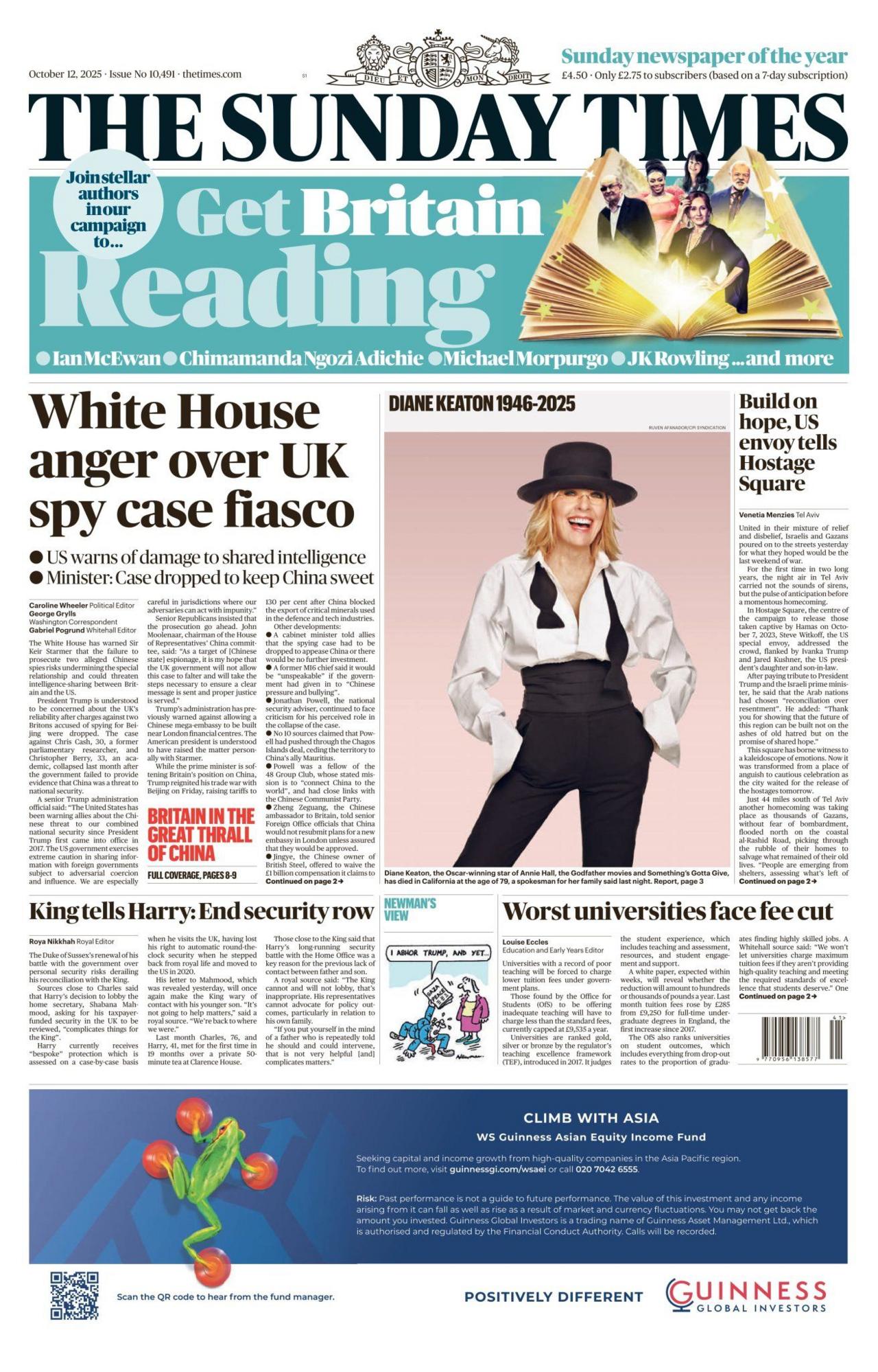 The headline on the front page of the Sunday Times reads: "White House anger over UK spy case fiasco."