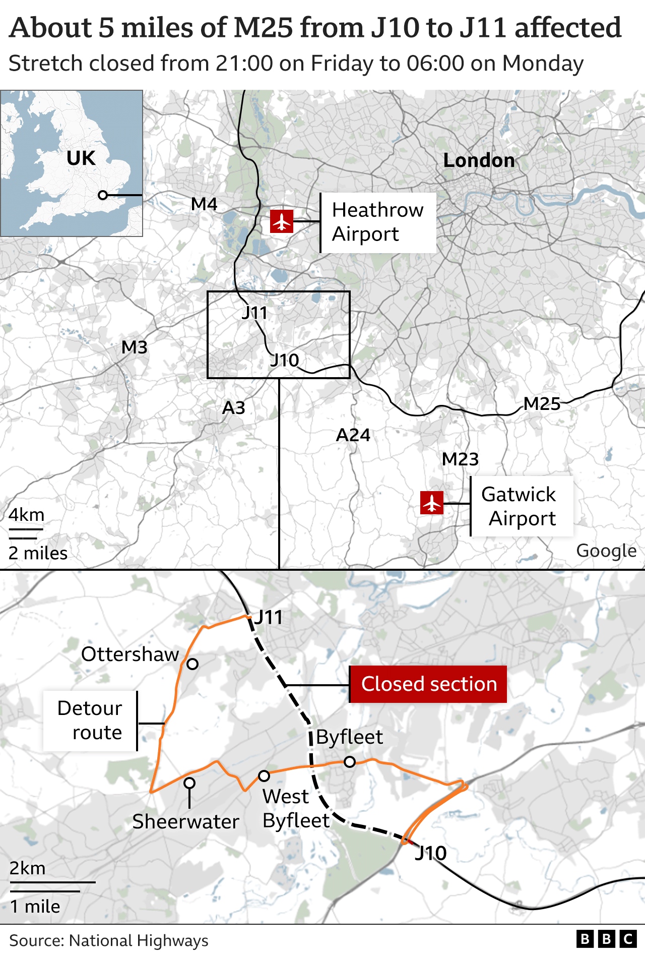 Map showing closed section of M25 and the detour route