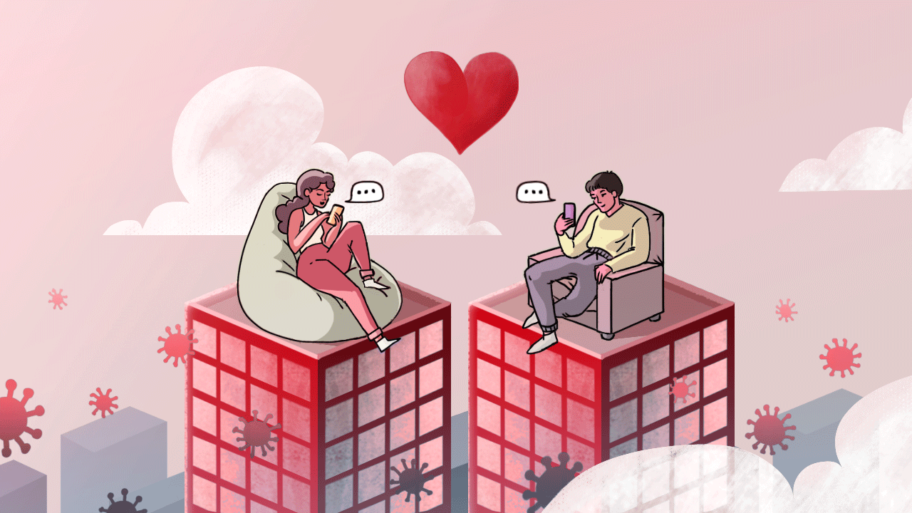 Two lovers on separate tower blocks talking to each other
