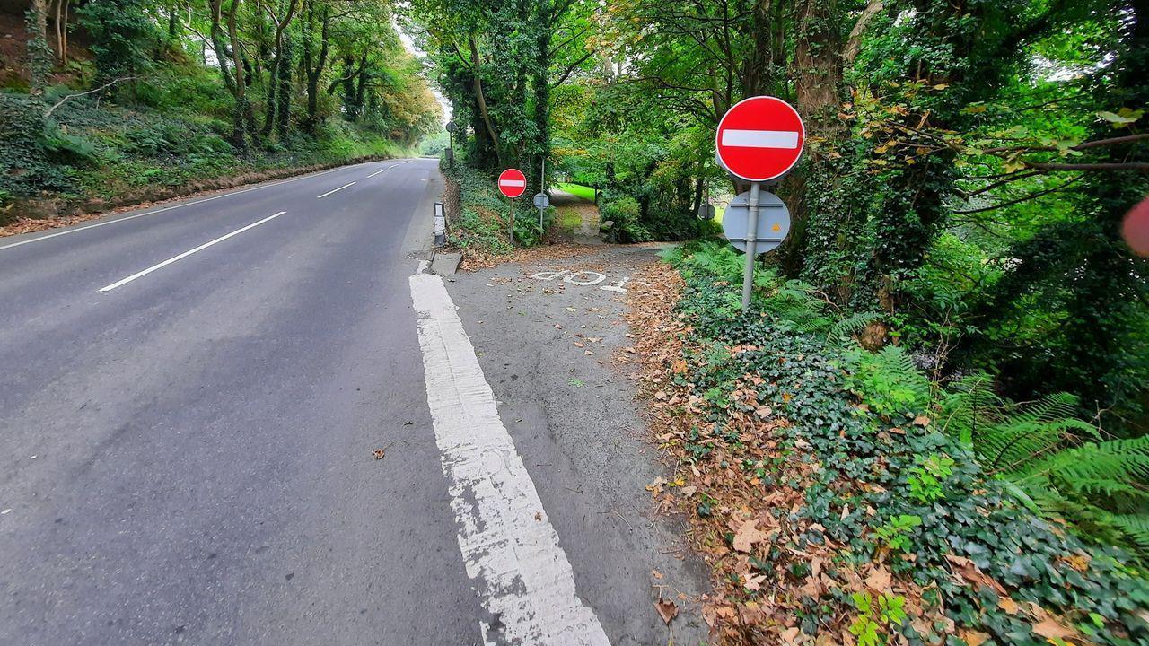 A road with large green trees either side with a narrow road off the side leading onto it, and red no entry signs at the mouth of the narrow lane.