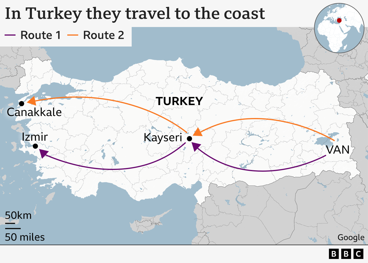 Map showing migrant routes through Turkey to the coast