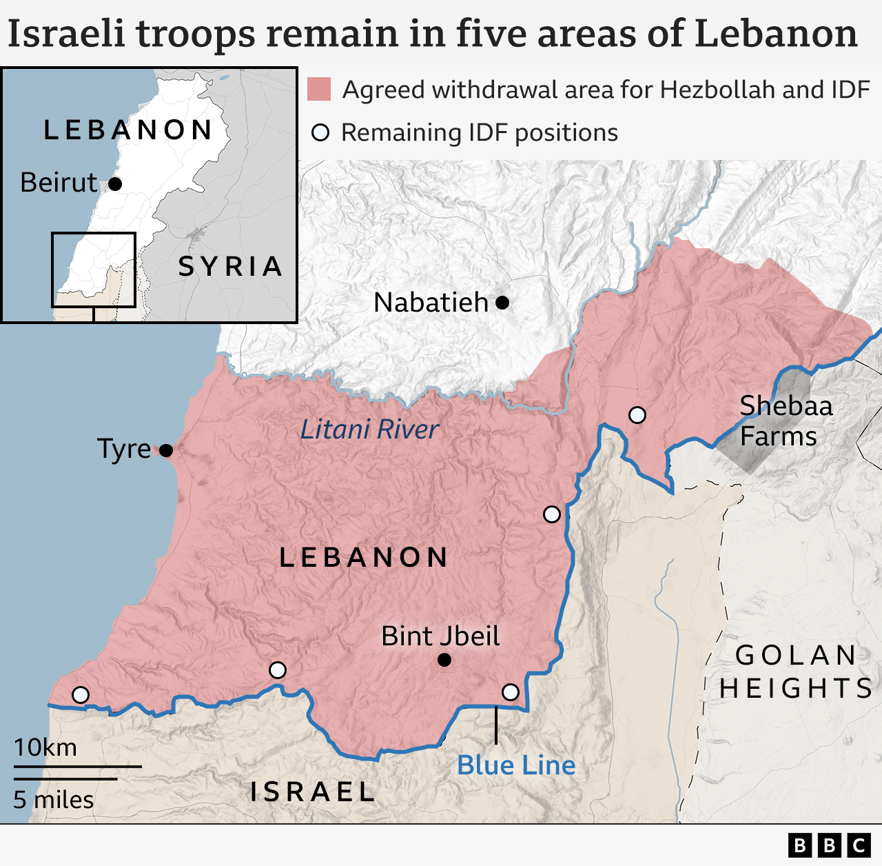 A map showing the five positions where IDF troops remain in Lebanon. They are spread widely across the border between Lebanon and Israel.