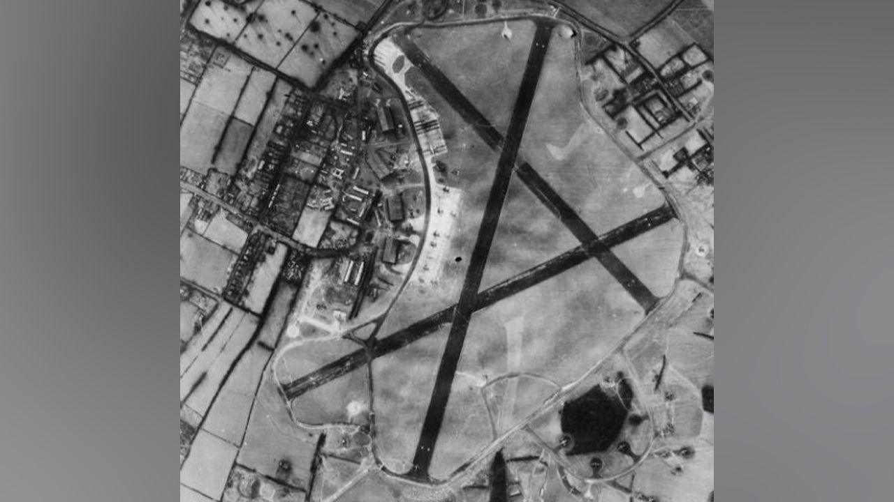 A black and white ariel view of Bovingdon Airfield in the 1940s