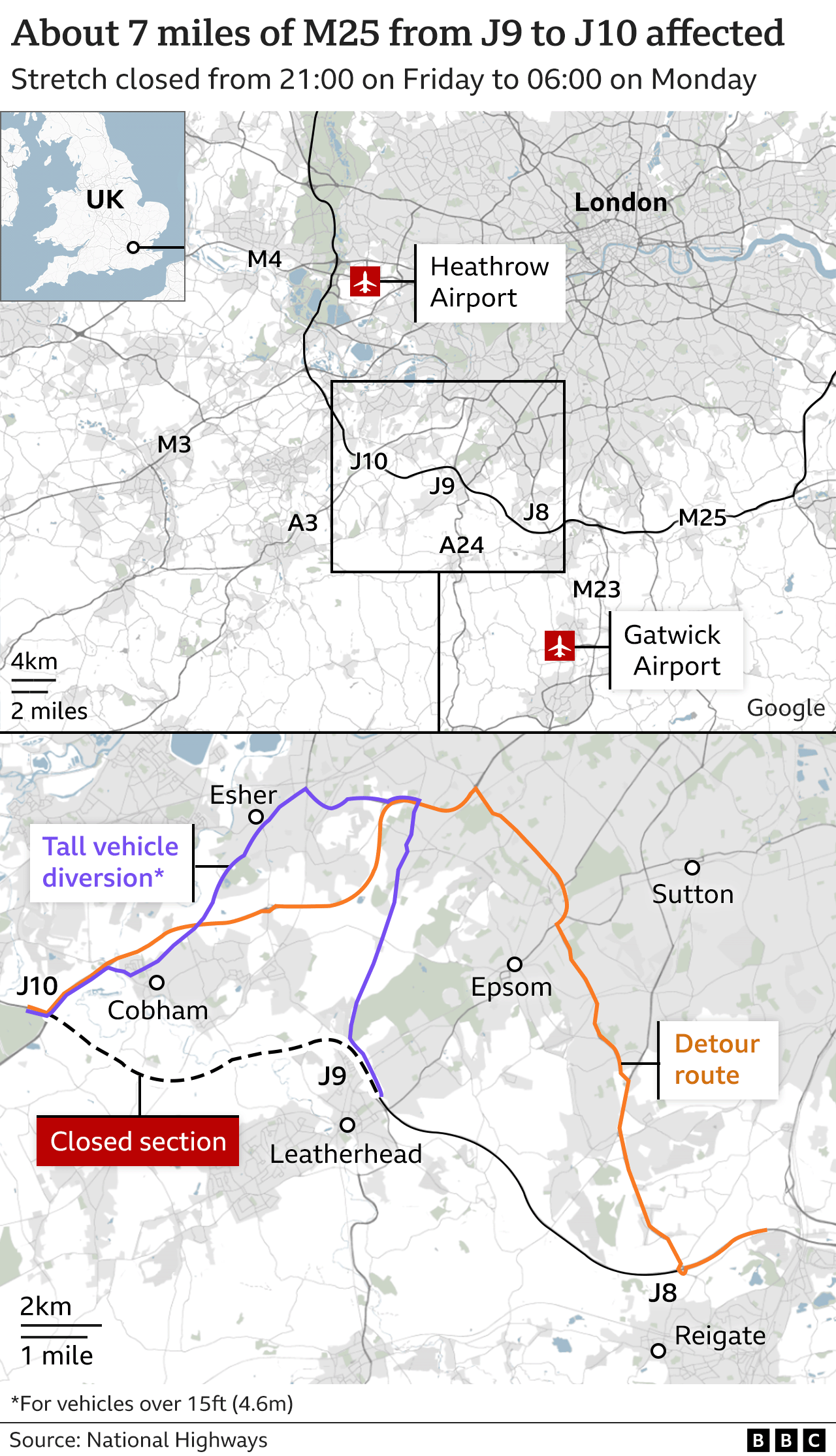 A map showing the M25 closure and the diversion routes