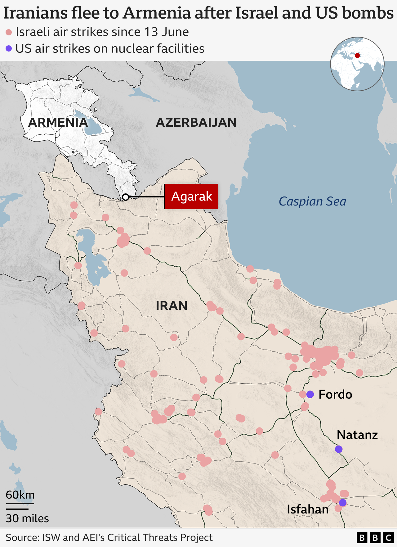 Map shows Iran's border crossing with Armenia, as well as black and red dots to represent US and Israeli strikes across the country