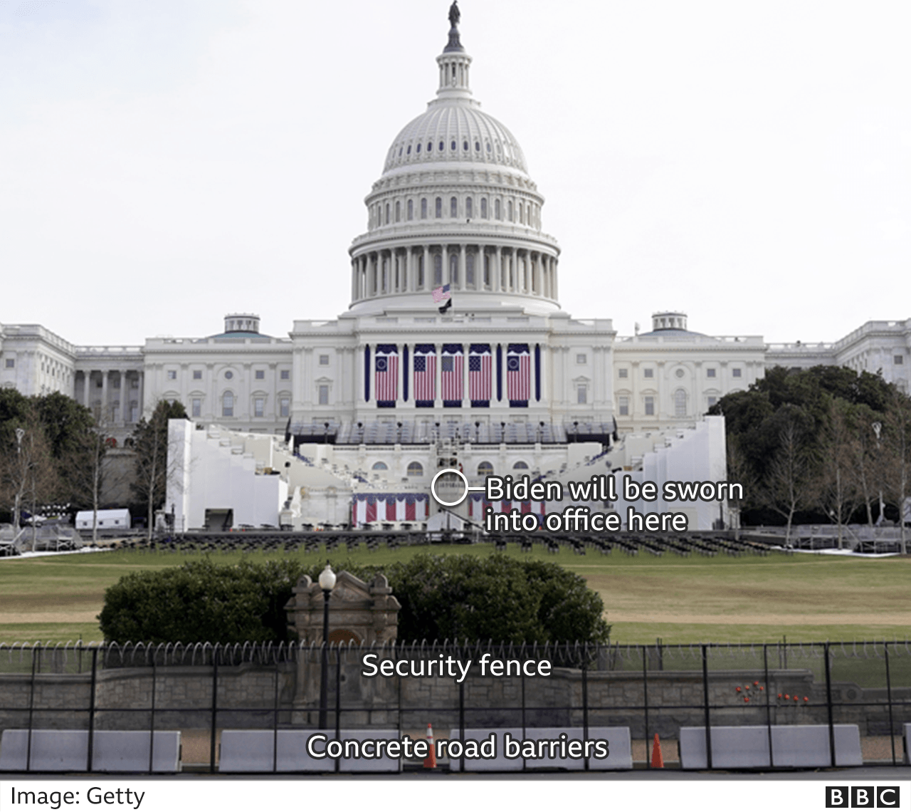 Graphic showing the spot where Mr Biden will be sworn in and where the security fencing has been erected