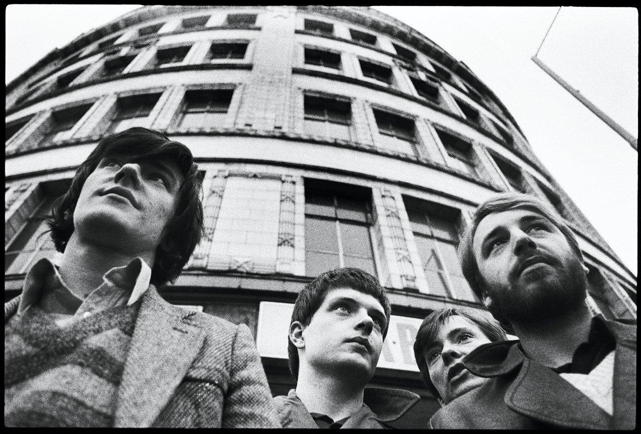 Stephen Morris (left), Ian Curtis (centre), Peter Hook (front right) and Bernard Sumner (back right)