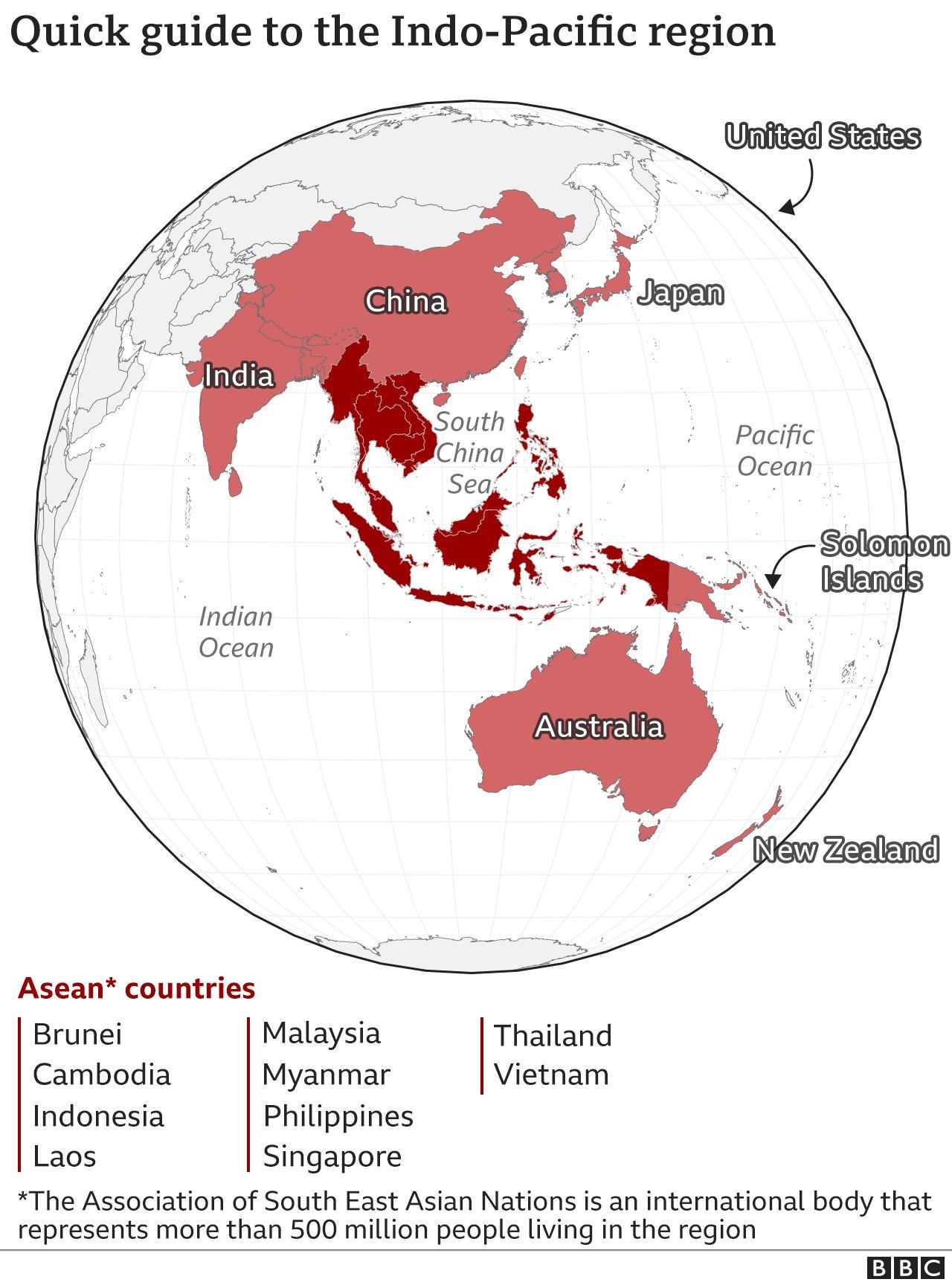 A world map showing the location of a key countries in the Indo-Pacific.