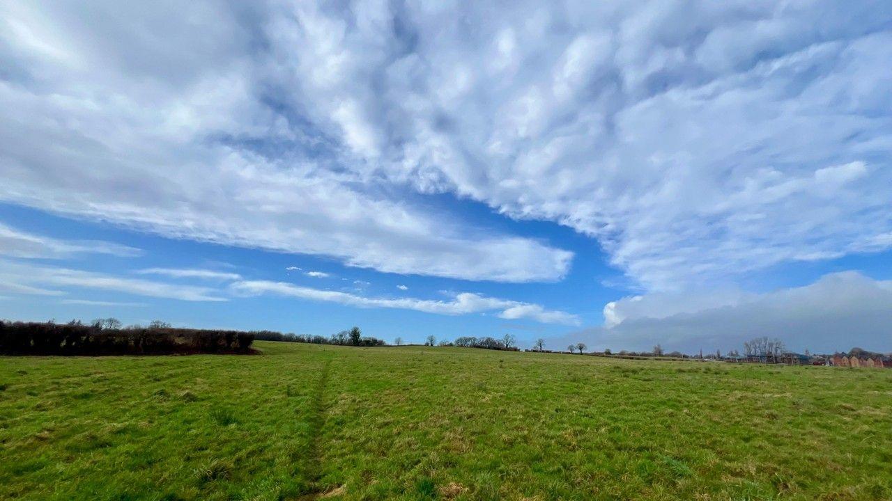 Bright blue sky filled with swirling clouds and a bright green field in the foreground