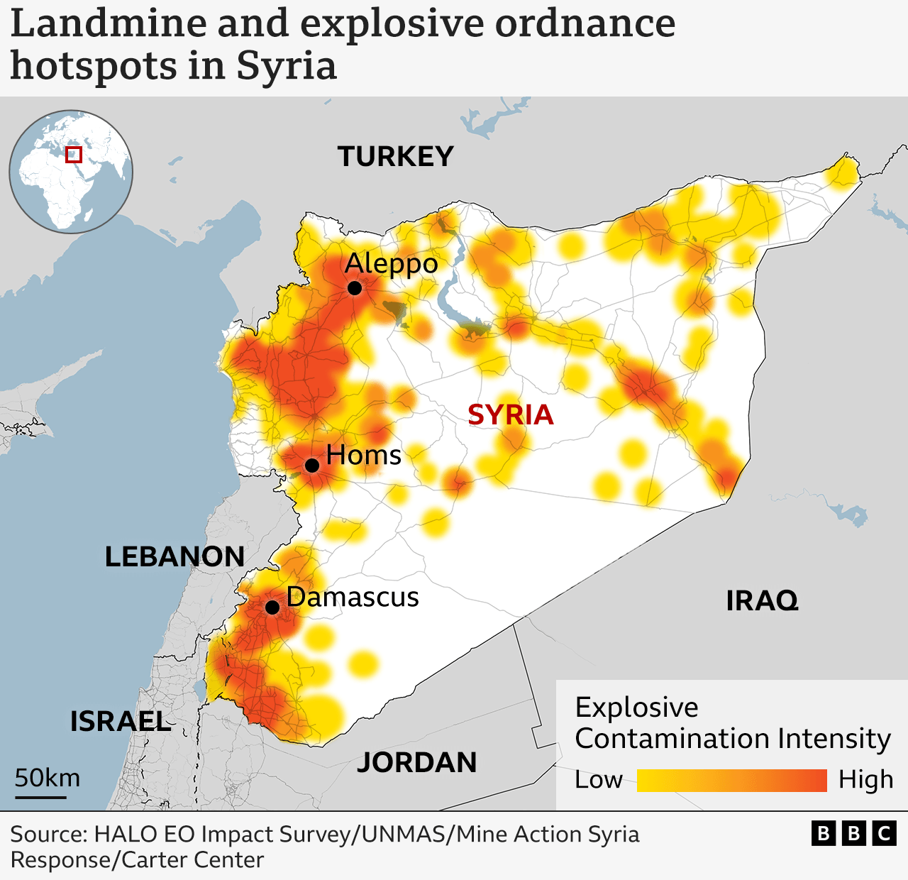 Map showing landmine and explosive ordnance hotspots in Syria