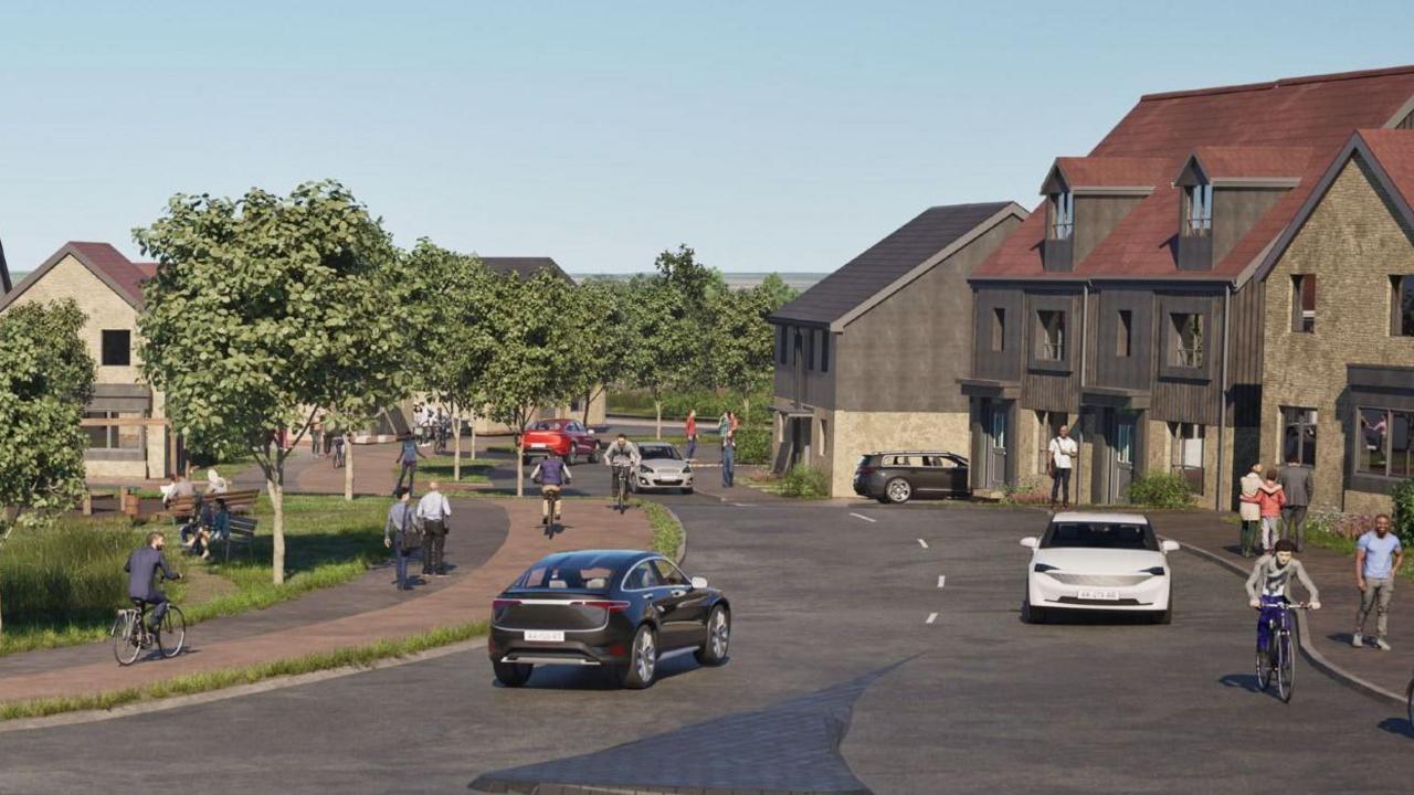 A computer-generated artists image of how the development may look with dark-coloured houses, pathways and cars and cyclists visible