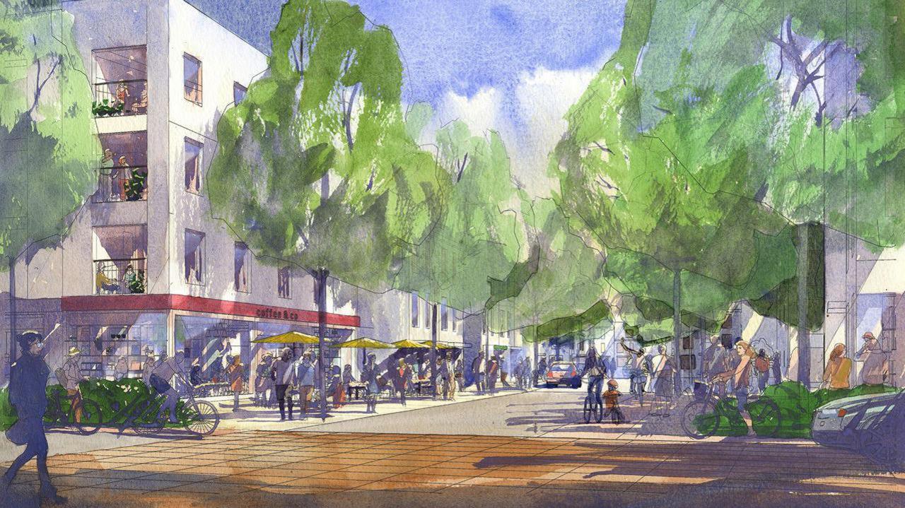 An artist's impression of the community area with apartments, shops, pathways and cycleways drawn, with trees down the centre