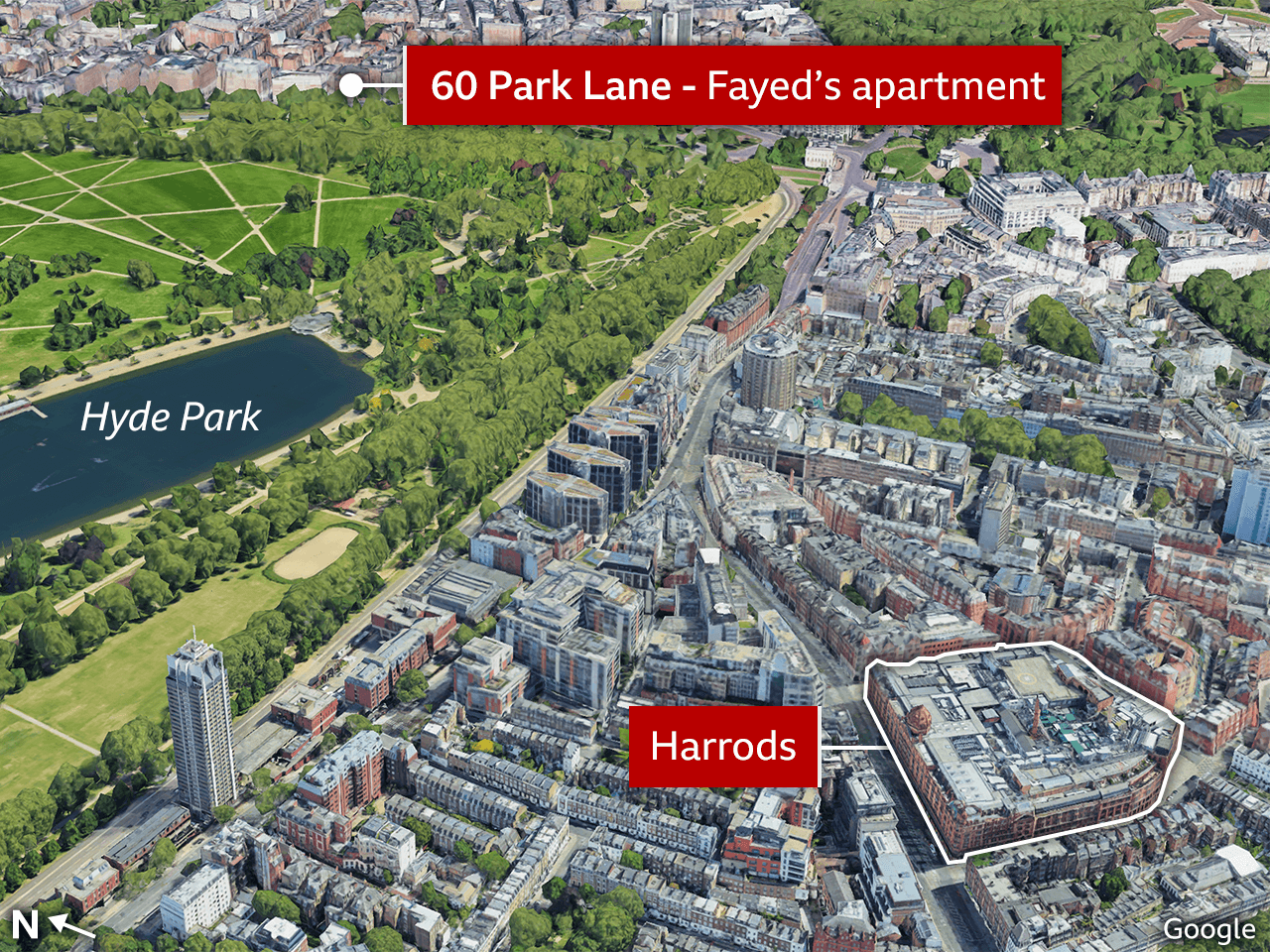 An aerial view of London near Hyde Park, showing Harrods and 60 Park Lane where Fayed's apartment was located