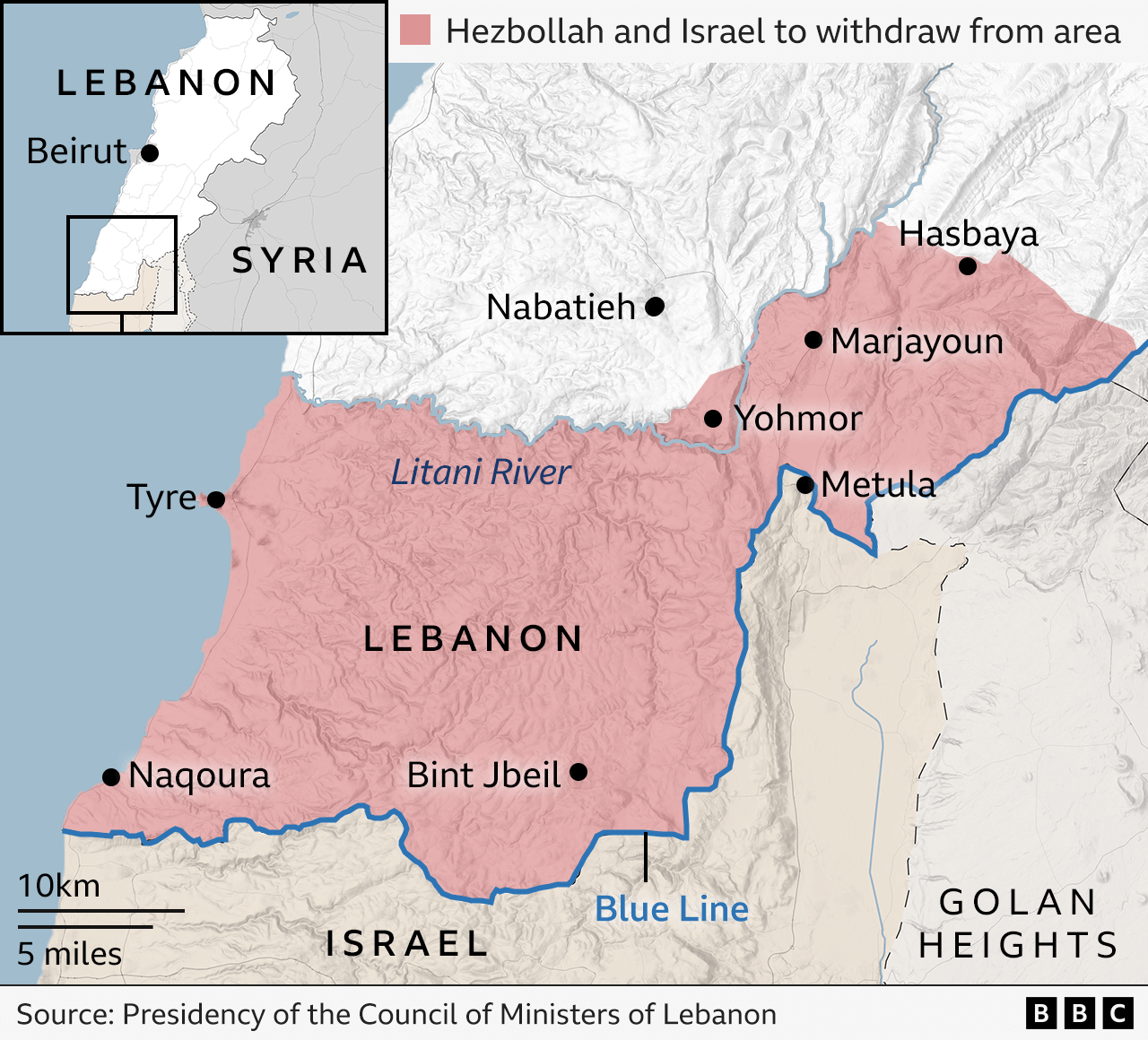 A map showing southern Lebanon focusing on the area south of the Litani River. It shows the Blue Line and highlights the area Hezbollah and Israel will withdraw from