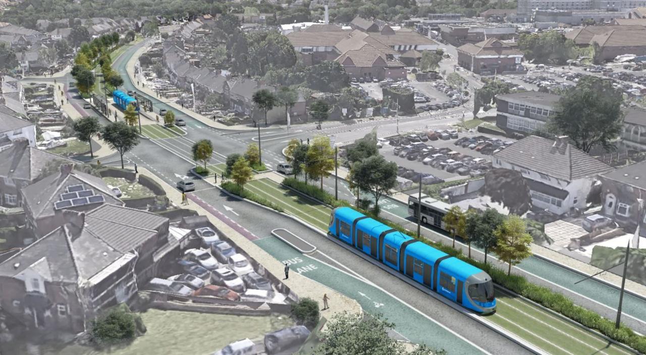 A computer-generated image of a blue tram passing through buildings which include Heartlands Hospital. There is a second blue tram in the background and the scene includes trees along the tram route and houses and different types of cars in several car parks. 
